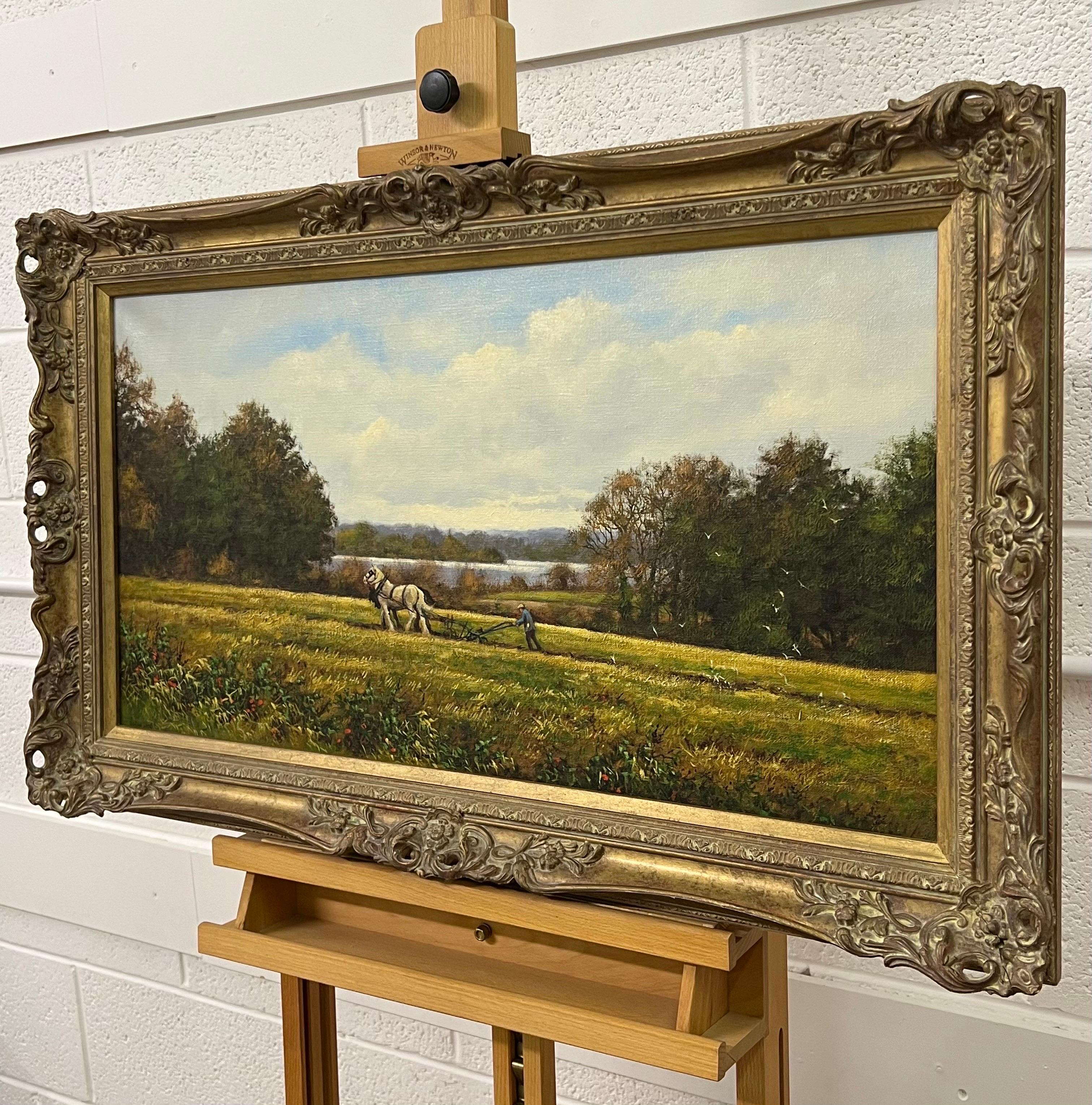 Oil Painting of English Countryside with Horses & Ploughman by British Artist For Sale 1