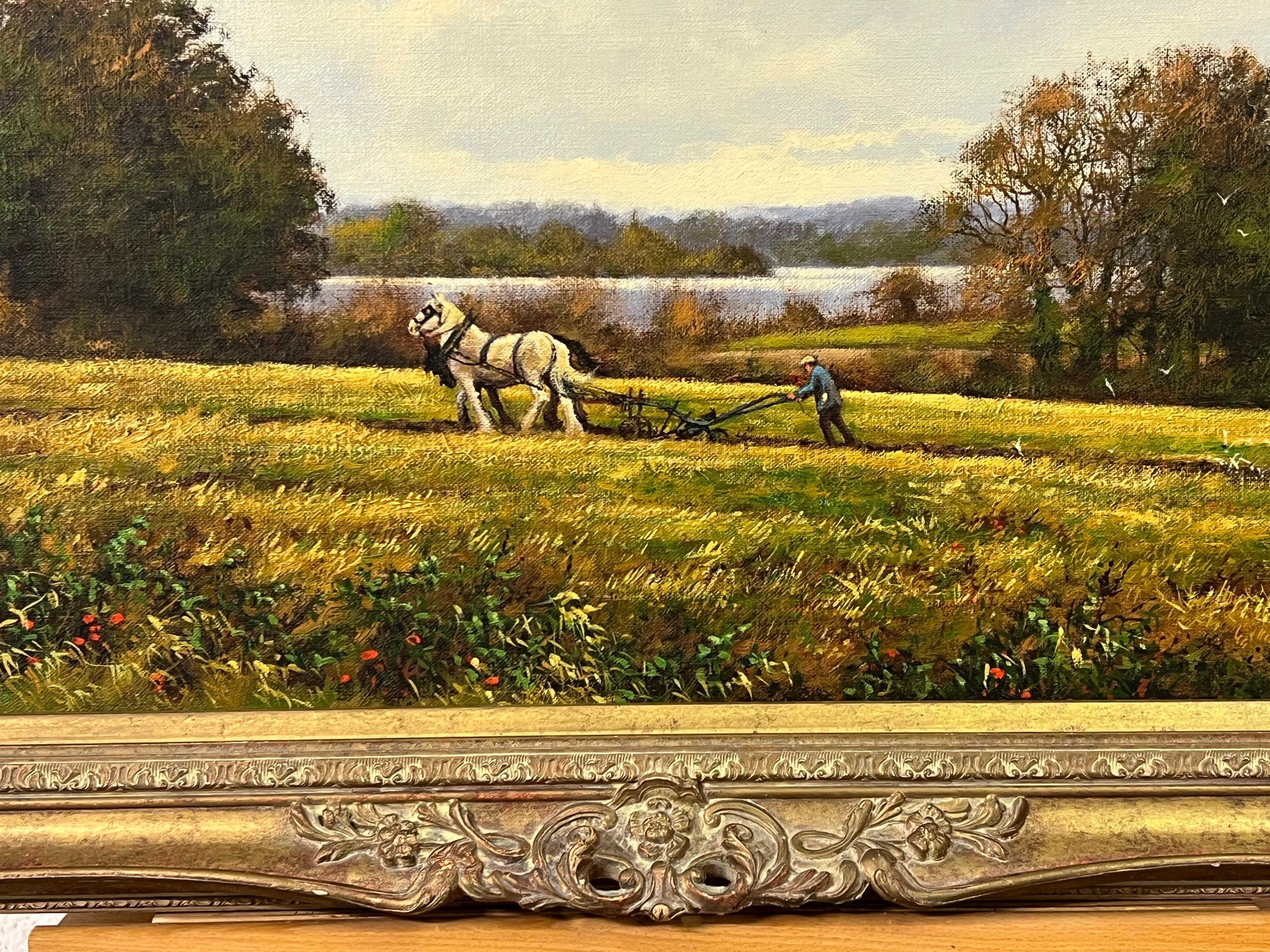 Oil Painting of English Countryside with Horses & Ploughman by British Artist For Sale 3