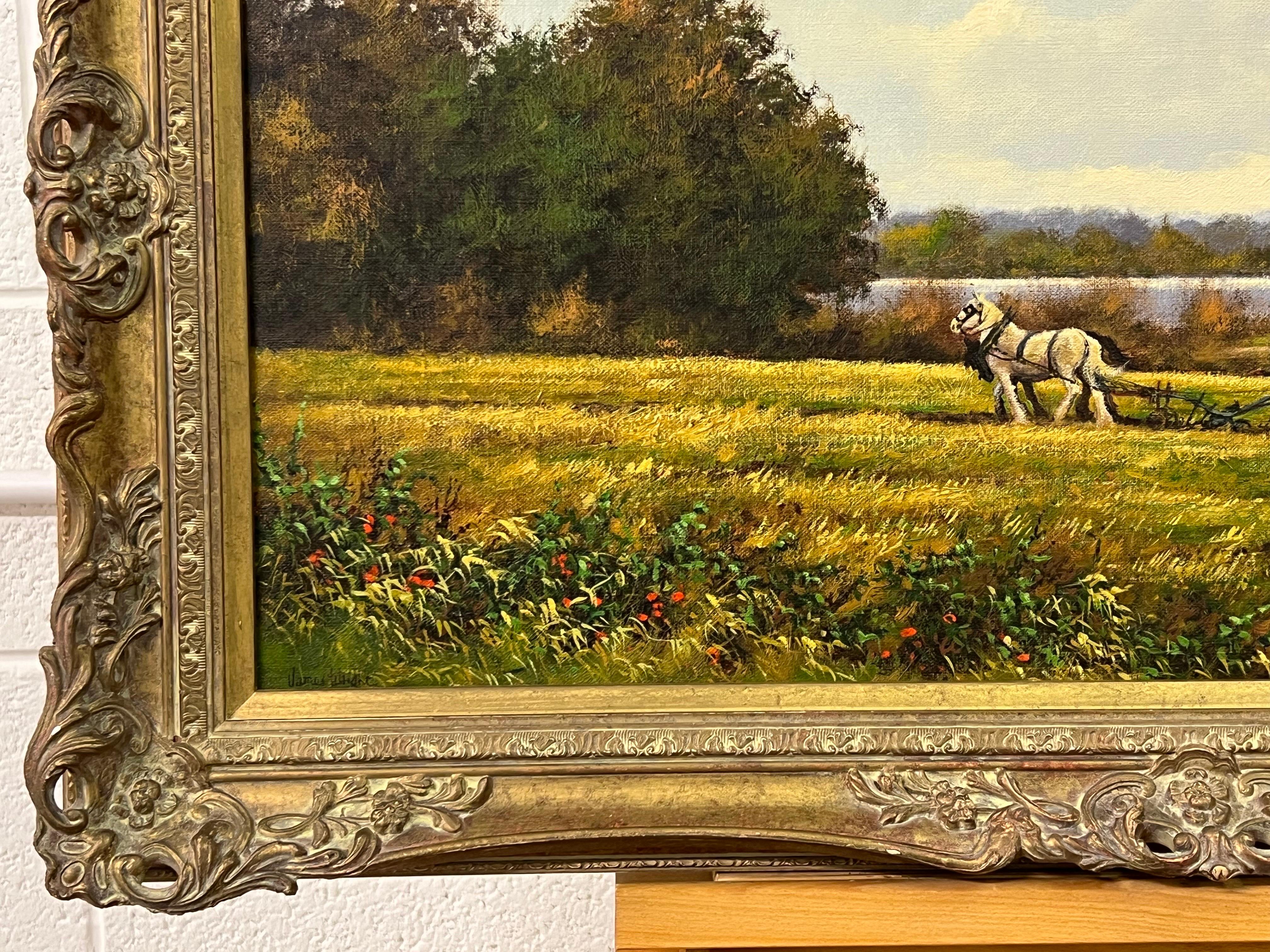 Oil Painting of English Countryside with Horses & Ploughman by British Artist For Sale 4