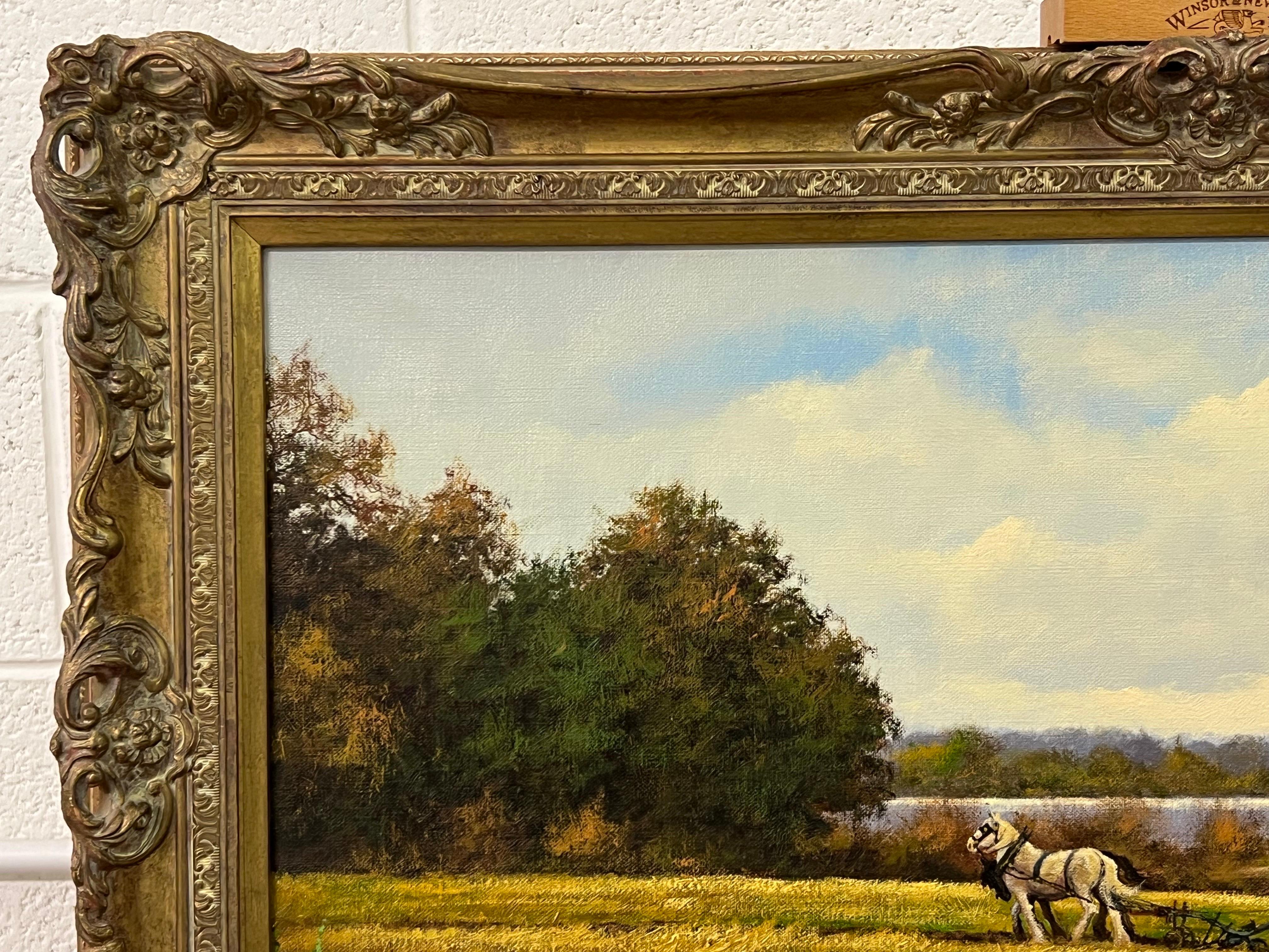 Oil Painting of English Countryside with Horses & Ploughman by British Artist For Sale 5