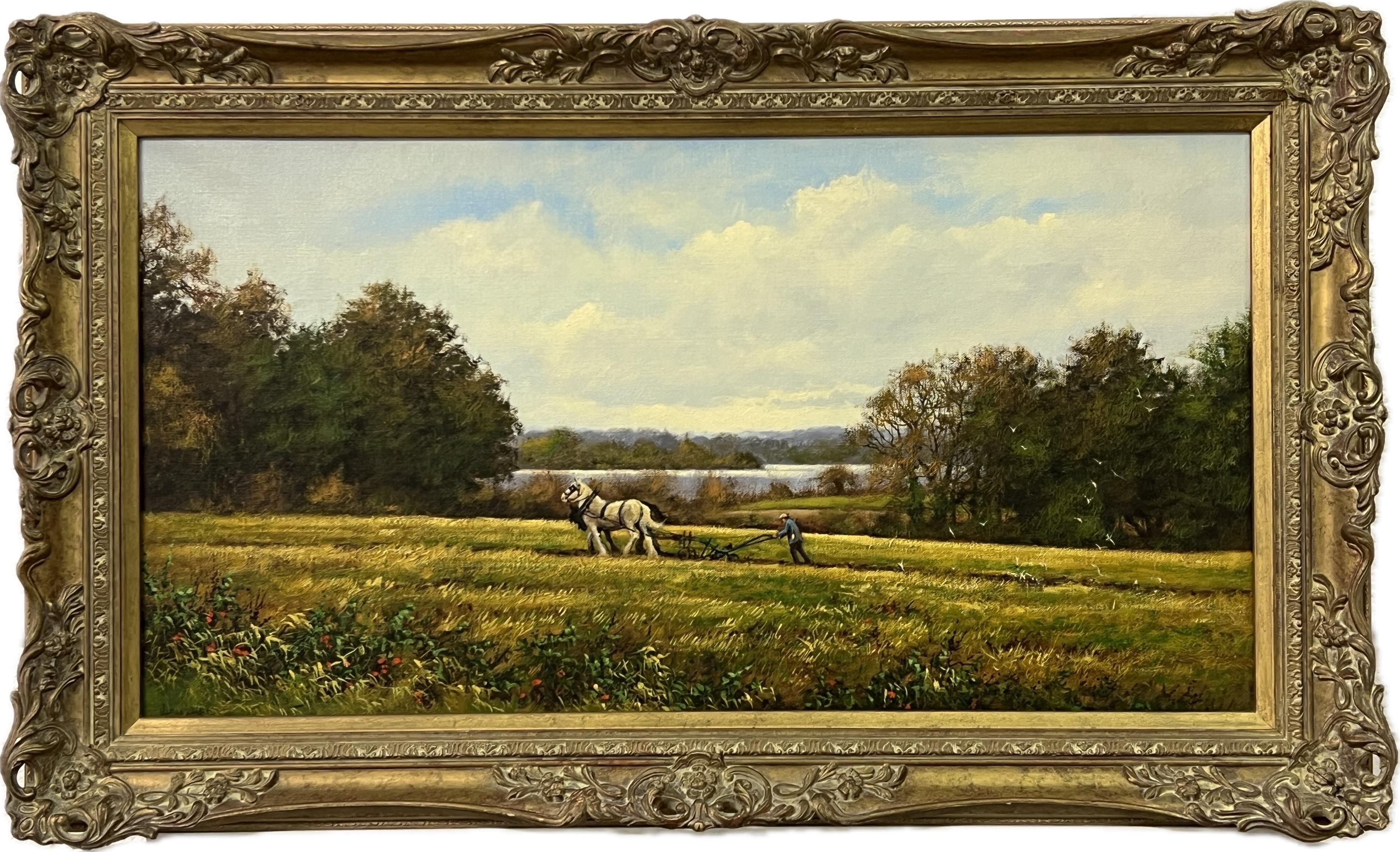 Peinture à l'huile de la campagne anglaise avec chevaux et laboureur par un artiste anglais