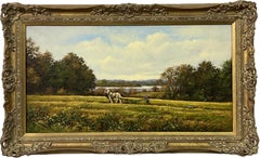 Antique Oil Painting of English Countryside with Horses & Ploughman by British Artist