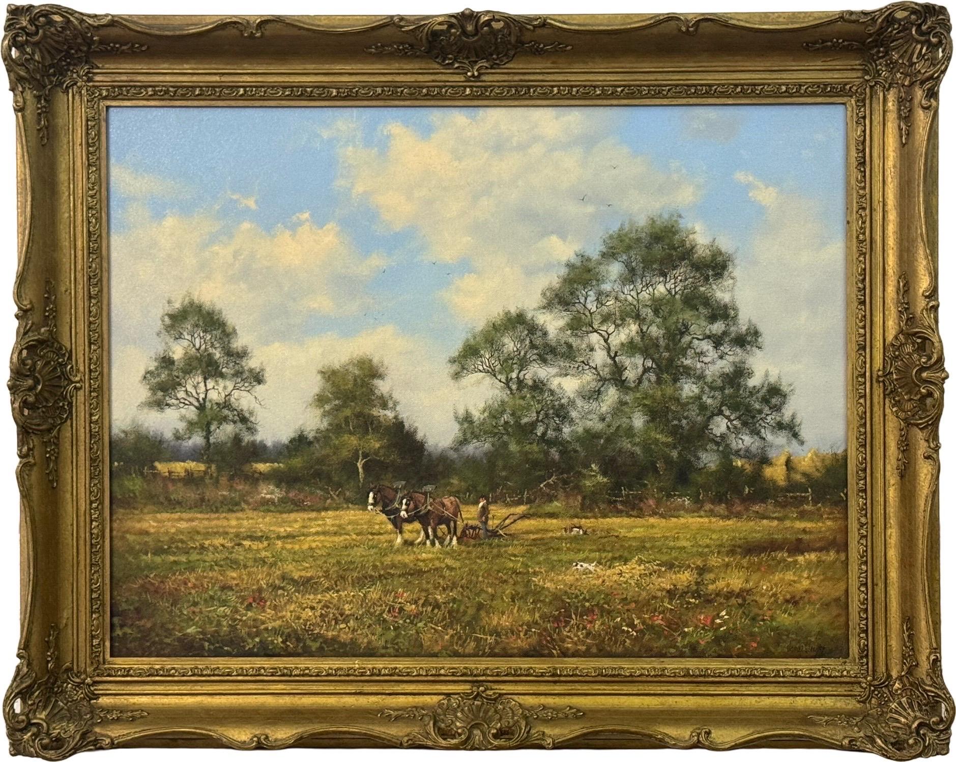 James Wright Animal Painting - Oil Painting of Horses 
Farmer in the English Countryside by British Artist
