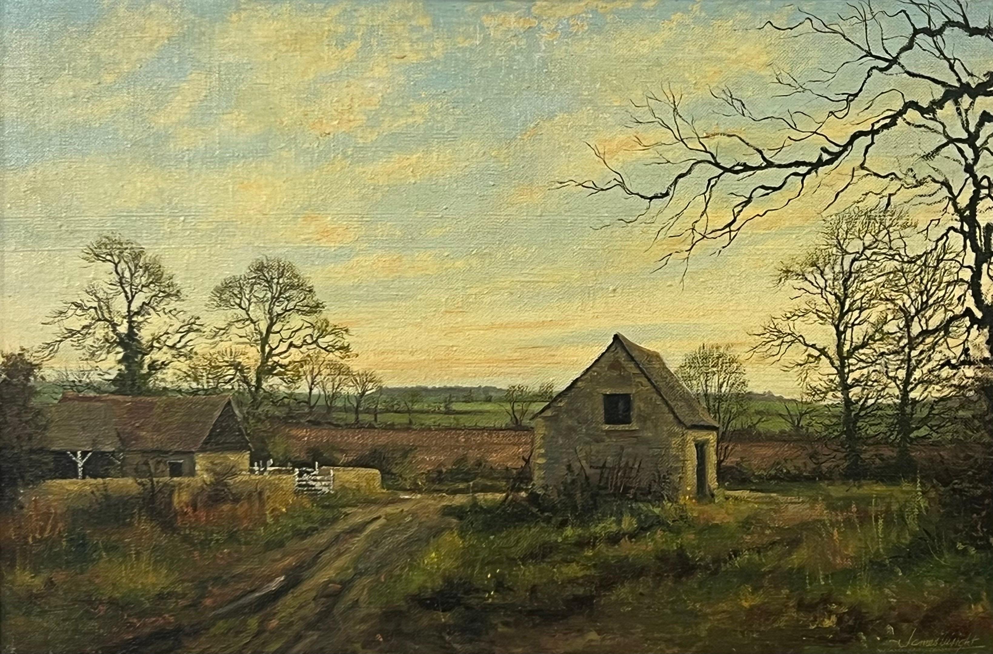 Old Barn Scene of a Farm in the English Countryside des britischen Landschaftskünstlers – Painting von James Wright