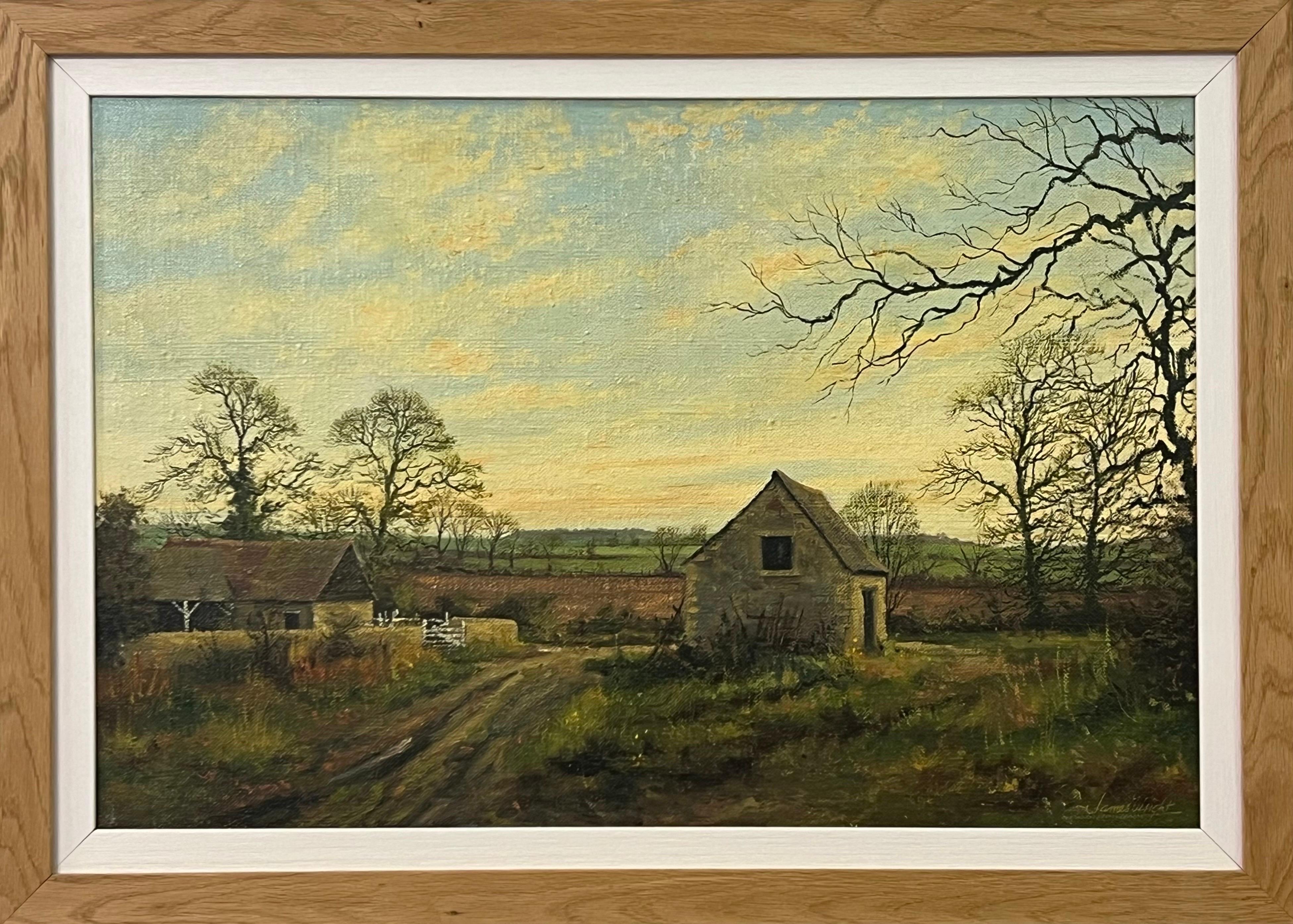 Old Barn Scene of a Farm in the English Countryside by British Landscape Artist - Romantic Painting by James Wright