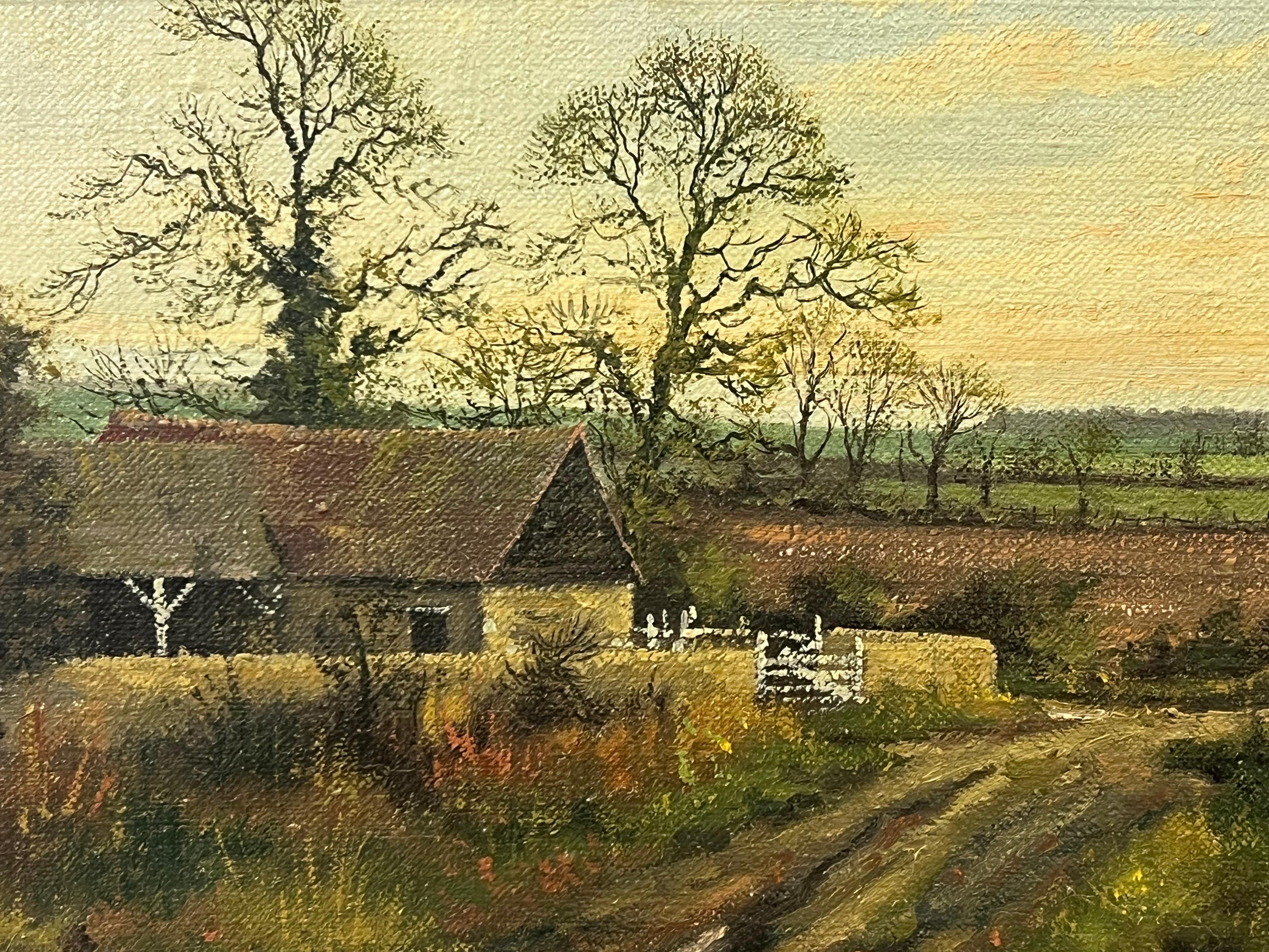 Old Barn Scene of a Farm in the English Countryside by 20th Century British Landscape Artist, James Wright.

Signed, vintage original, oil on heavy grain linen, reframed in a high quality natural solid oak moulding with a white insert. 

Art