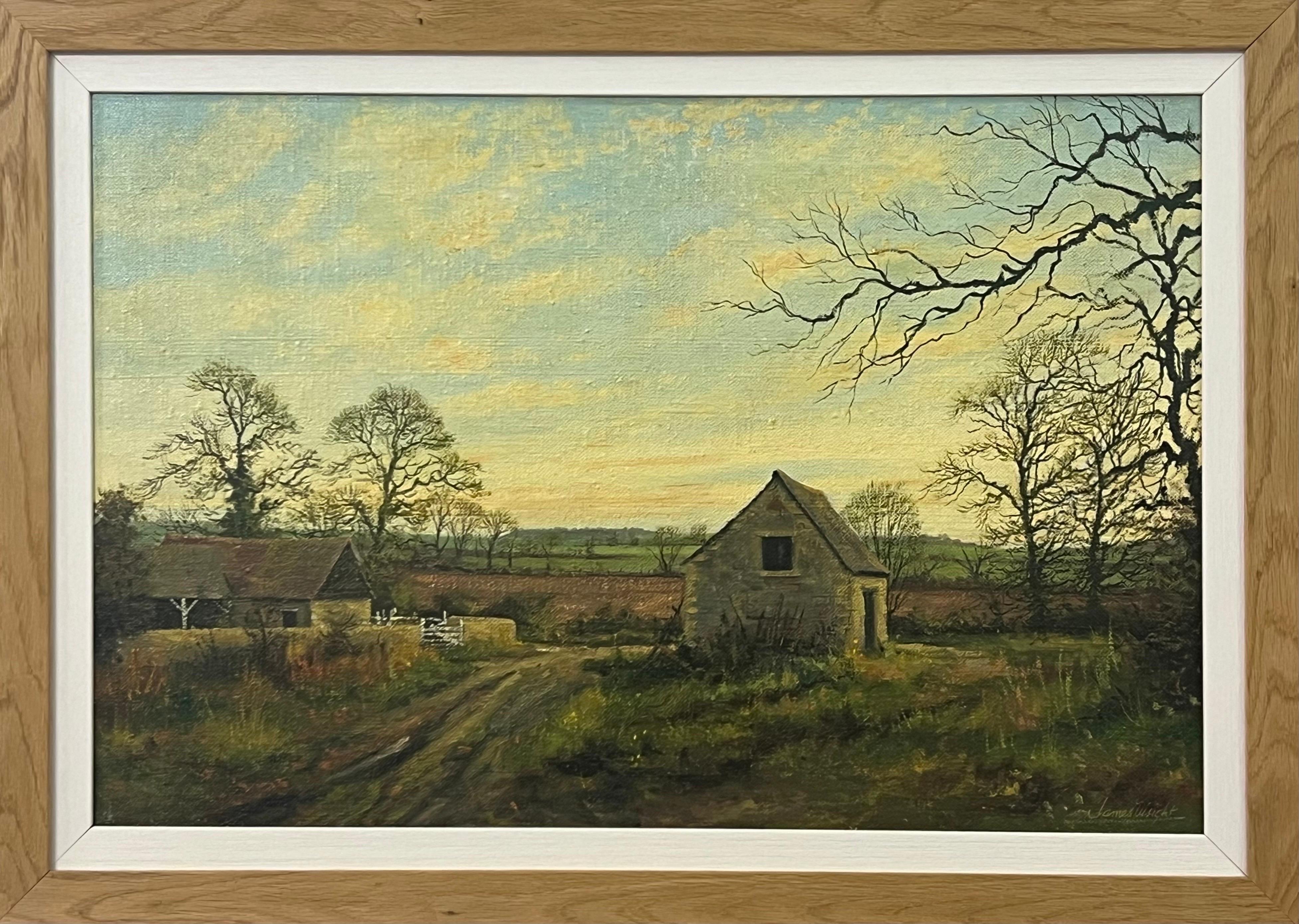 James Wright Figurative Painting – Old Barn Scene of a Farm in the English Countryside des britischen Landschaftskünstlers