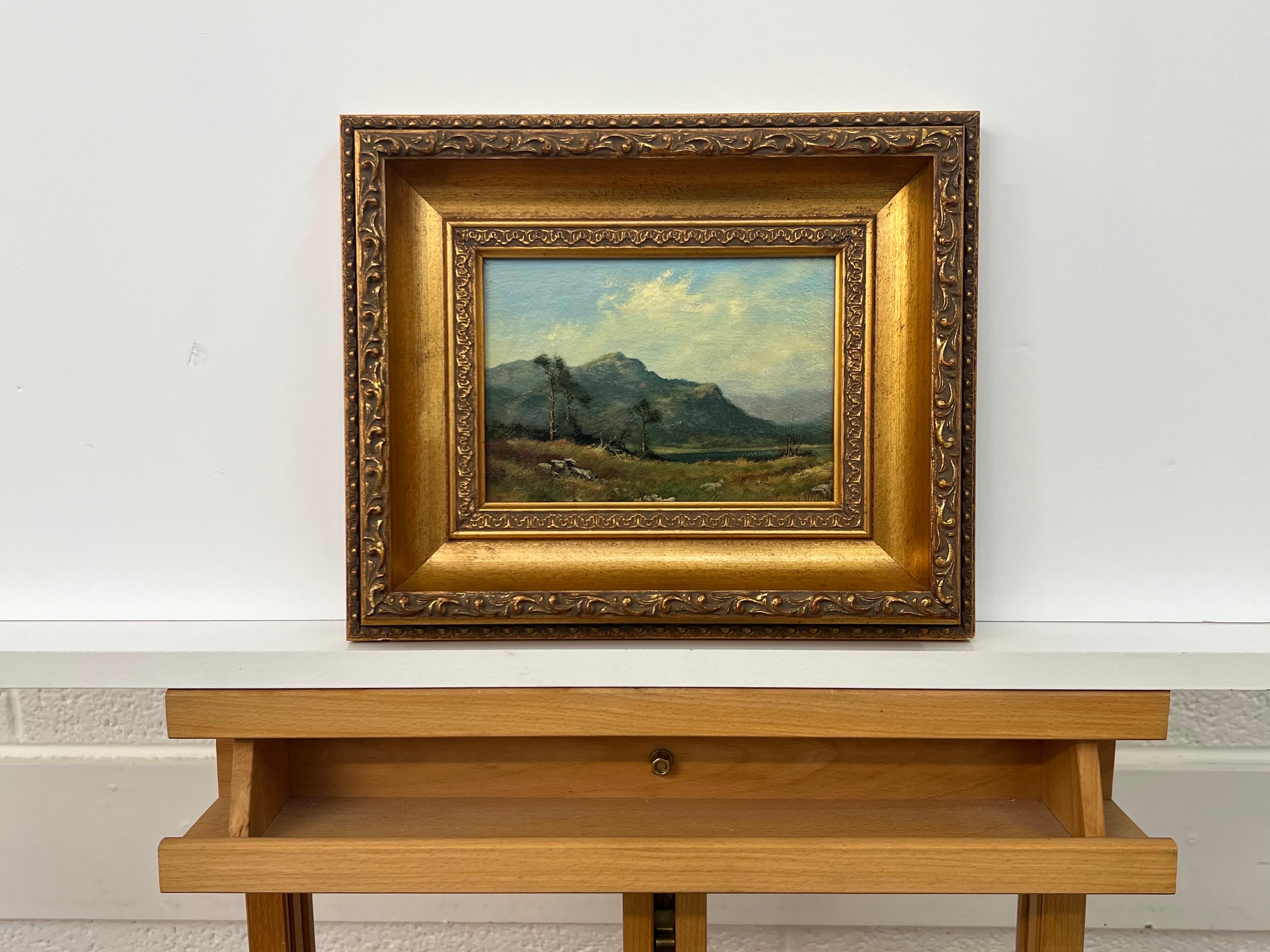 Painting of a Mountain in Lake District England by 20th Century British Landscape Artist, James Wright. Signed, Original, Oil on Canvas, housed in a beautiful ornate gold frame. Provenance: Part of the English Heritage Series No.249

Art measures 7