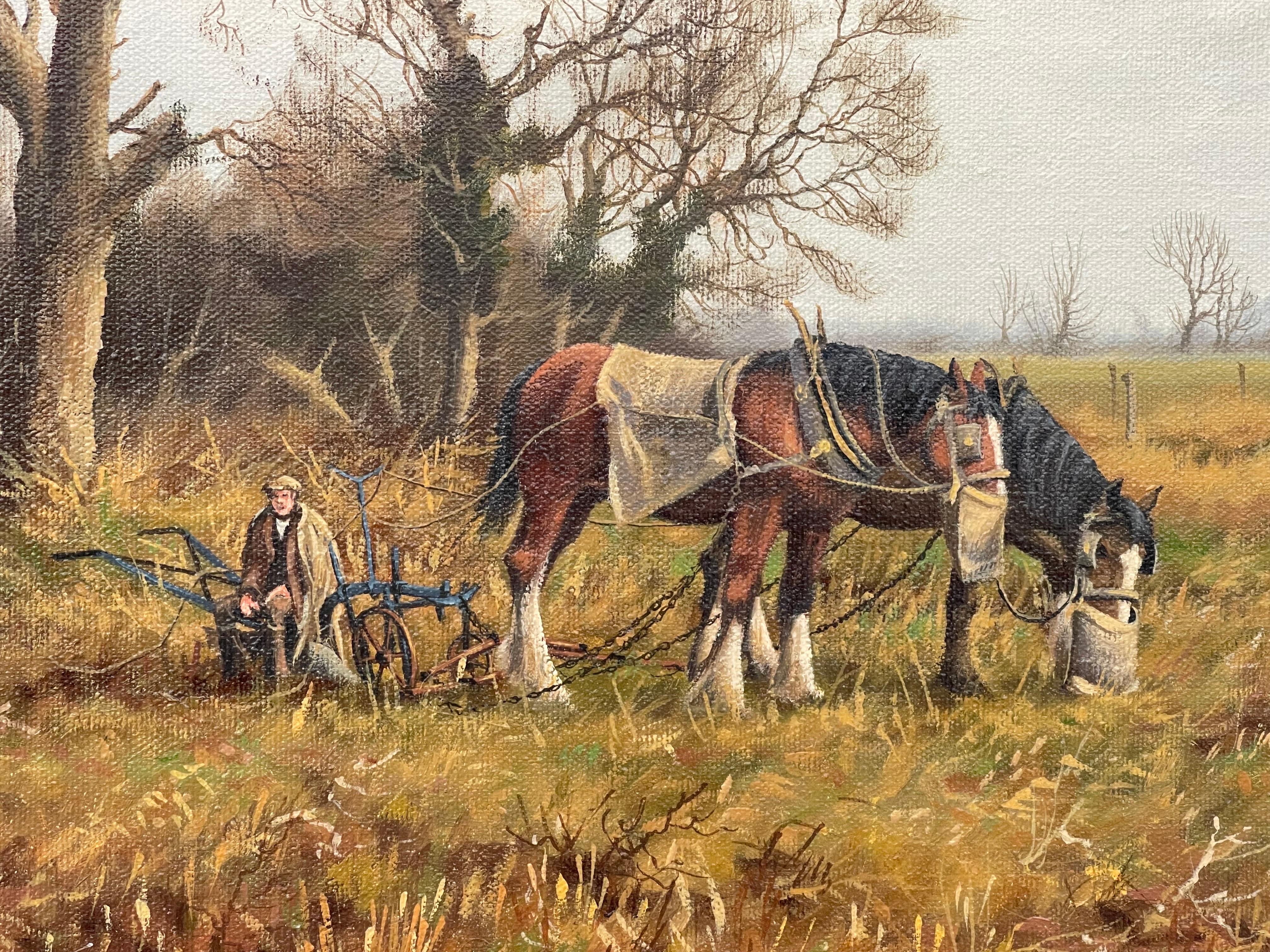 Peinture de la campagne anglaise avec chevaux et charrue par un artiste Modern British en vente 8