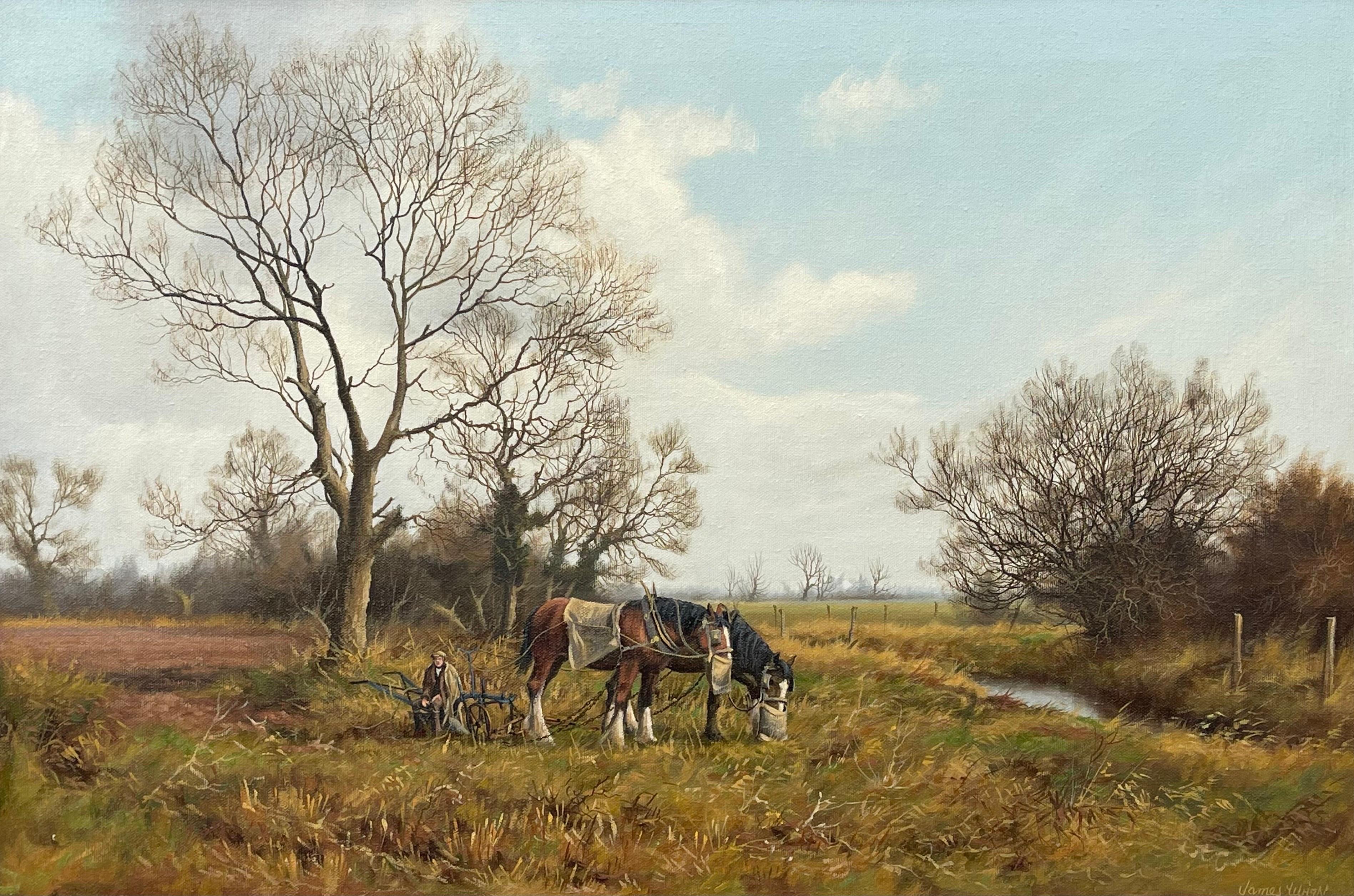 Gemälde einer englischen Landschaft mit Pferden und Pflug von einem modernen britischen Künstler (Realismus), Painting, von James Wright
