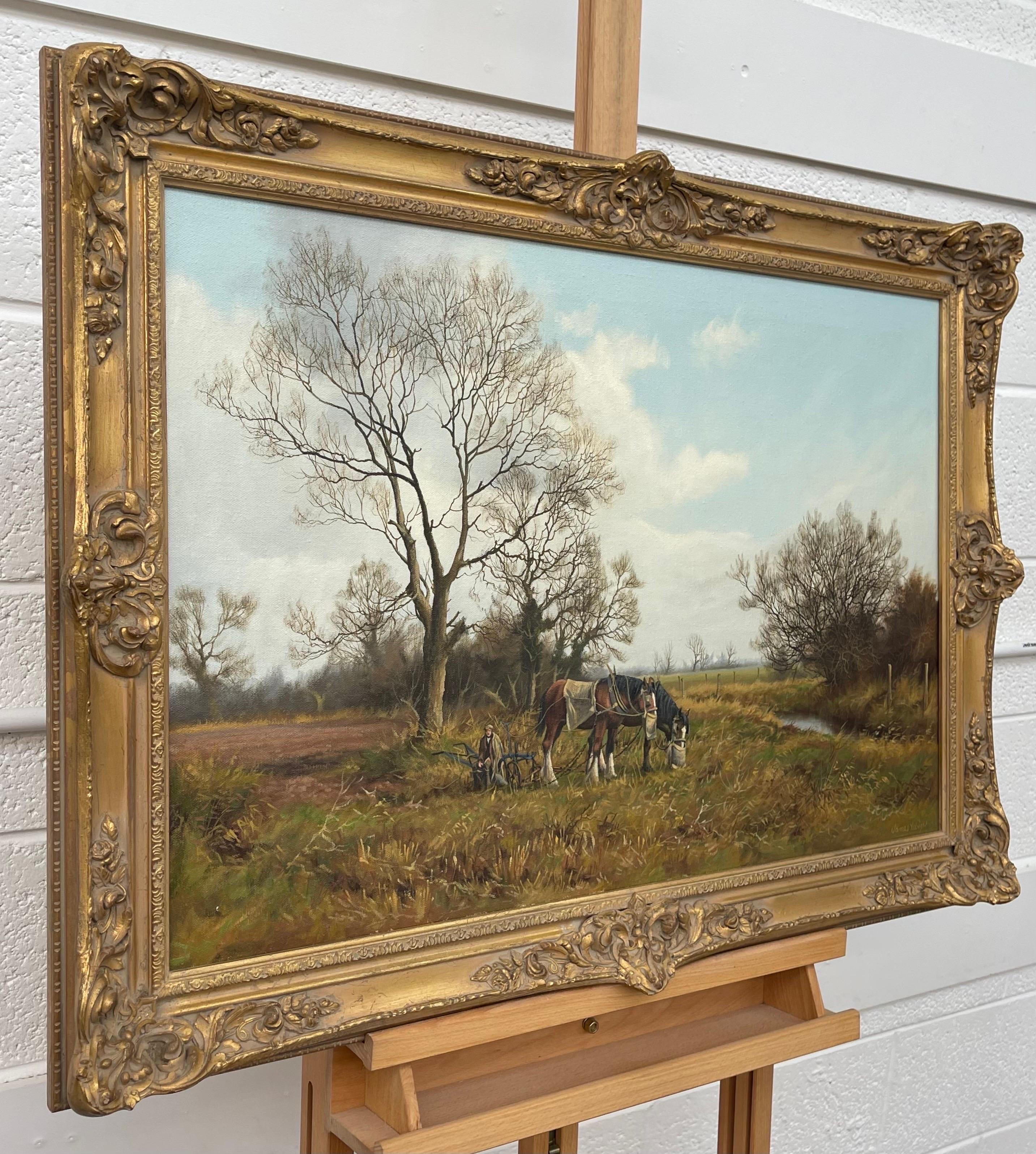 Gemälde einer englischen Landschaft mit Pferden und Pflug von einem modernen britischen Künstler (Braun), Animal Painting, von James Wright