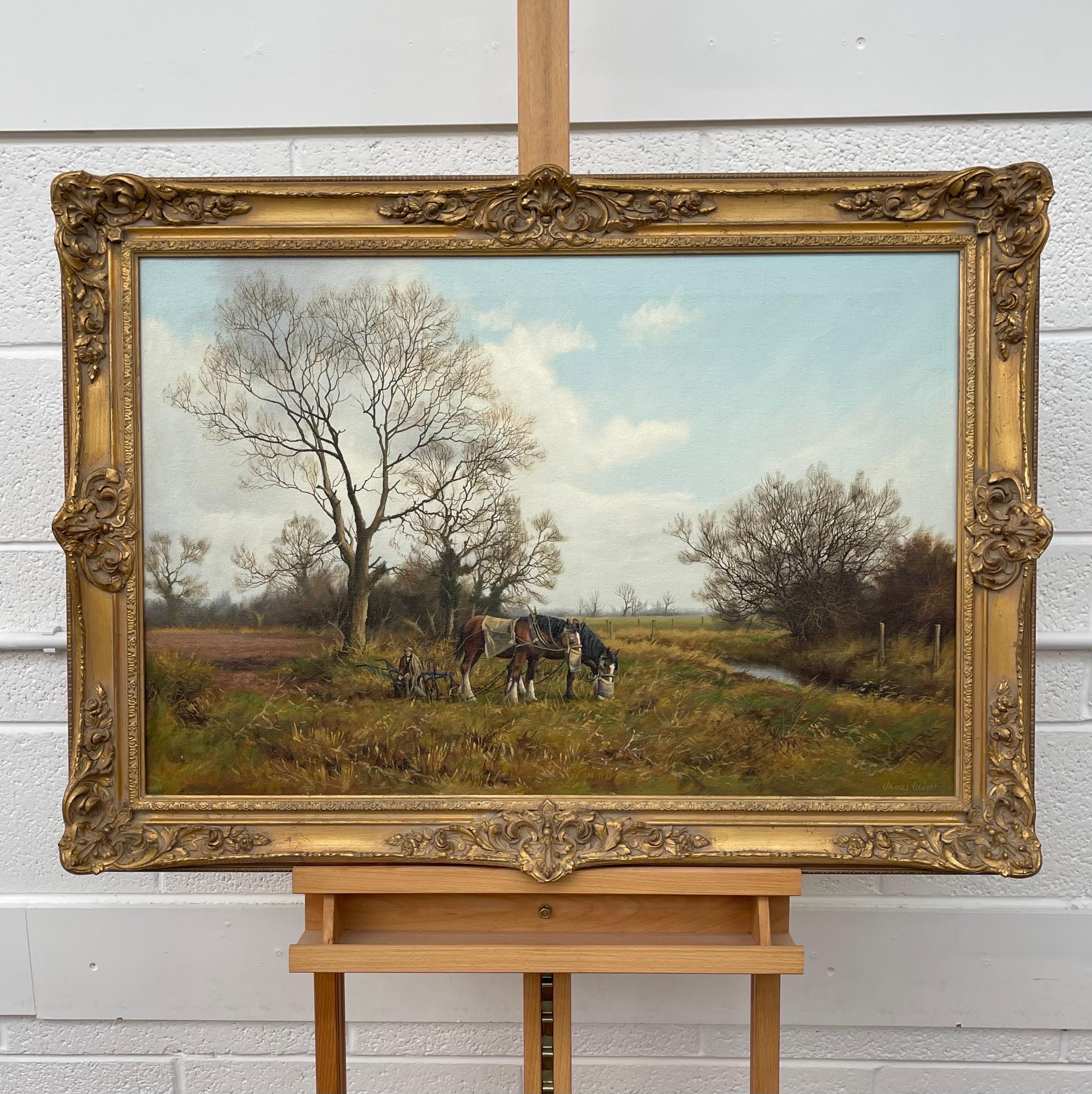 Painting of English Countryside with Horses & Plough by Modern British Artist - Brown Animal Painting by James Wright
