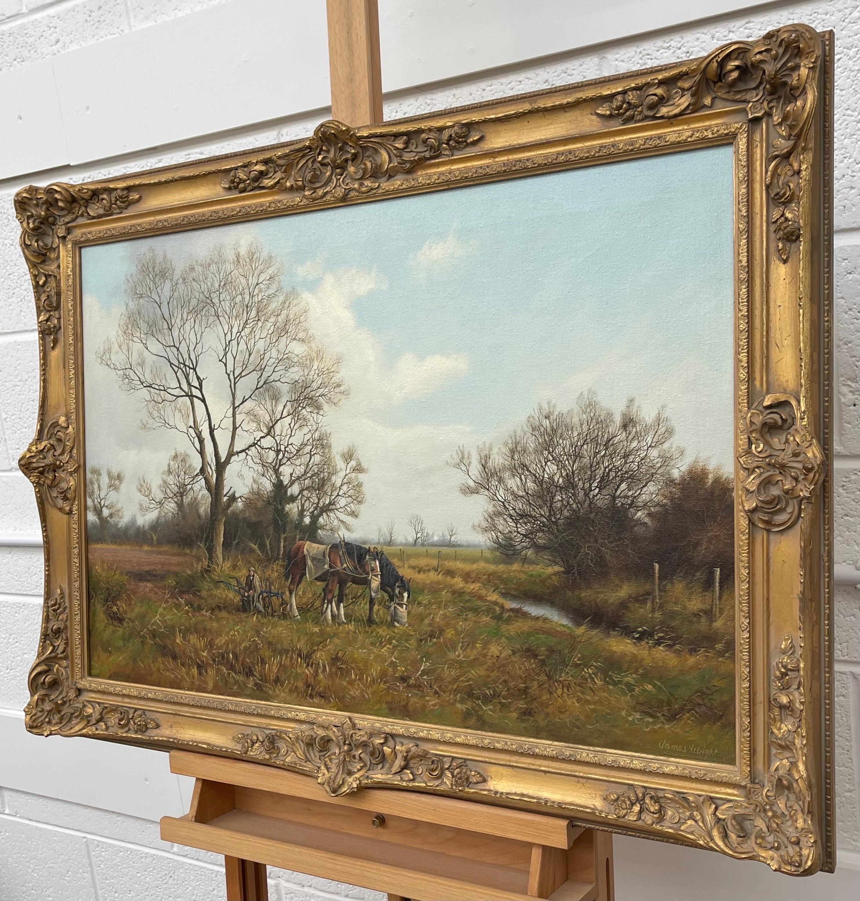Peinture de la campagne anglaise avec chevaux et charrue par un artiste Modern British - Marron Animal Painting par James Wright