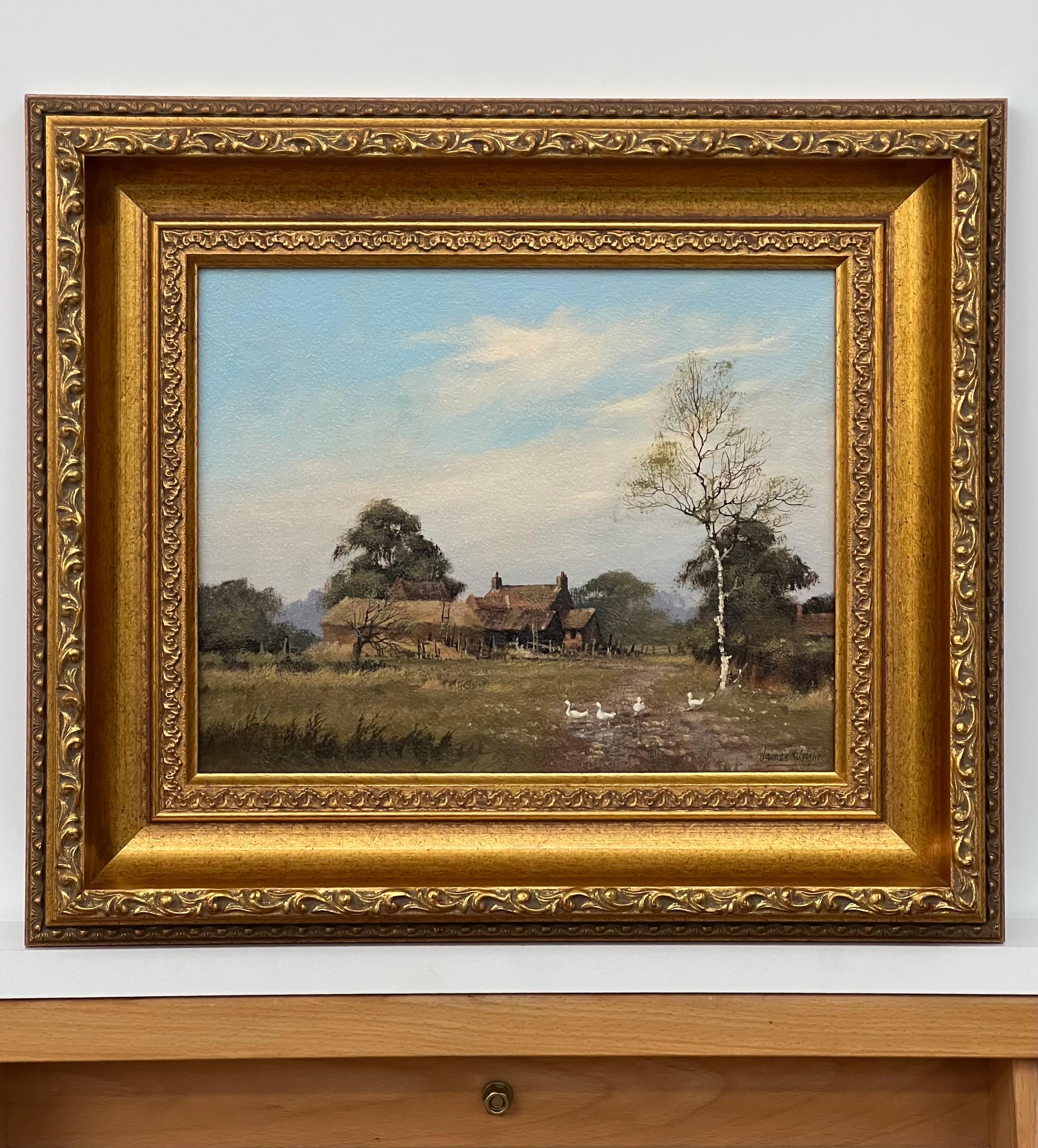 Quadro di fattoria con oche nella campagna inglese di un artista del XX secolo - Painting Romantico di James Wright