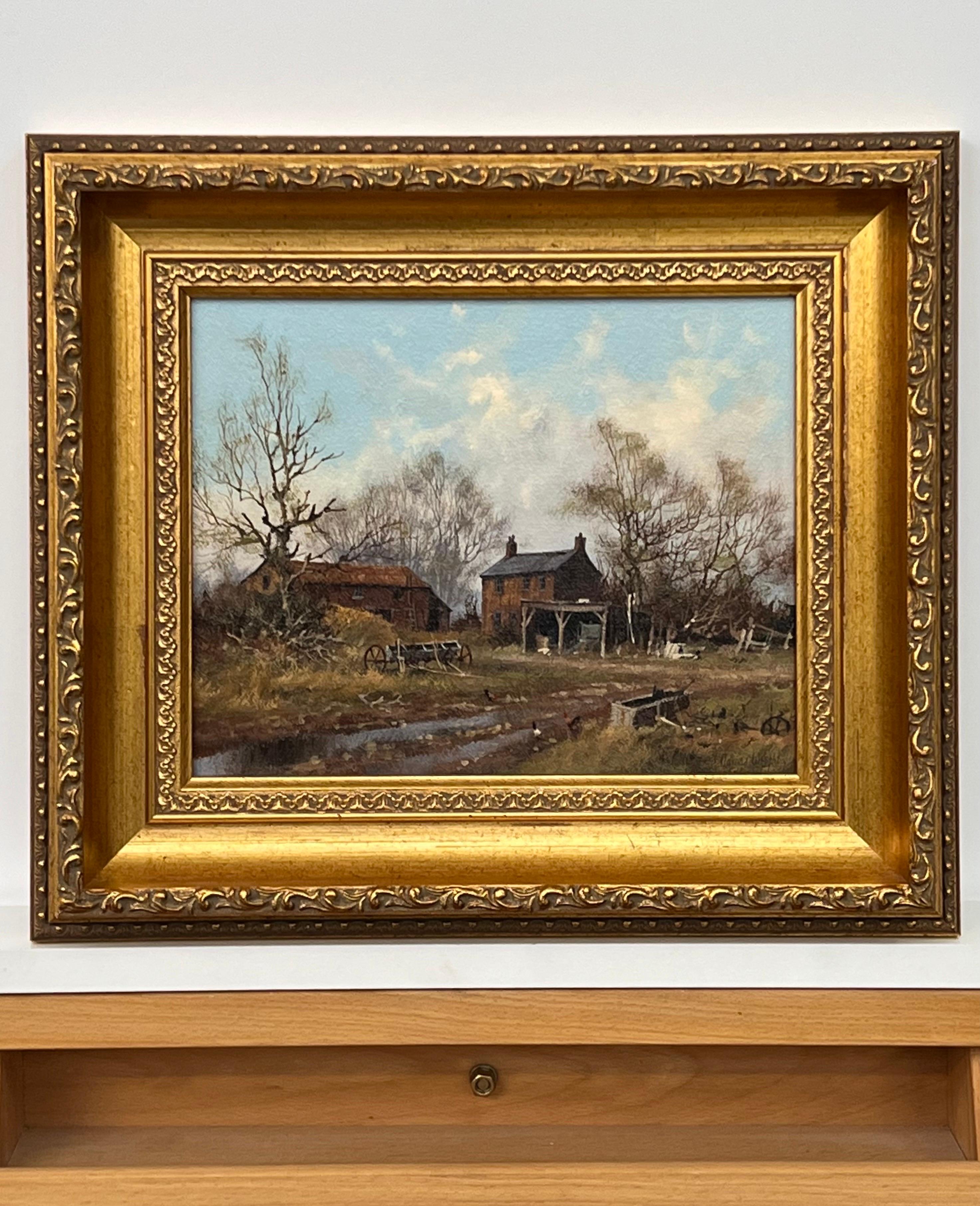 Gemälde eines Bauernhofs mit Gänseblümchen in der englischen Landschaft des 20. Jahrhunderts (Romantik), Painting, von James Wright