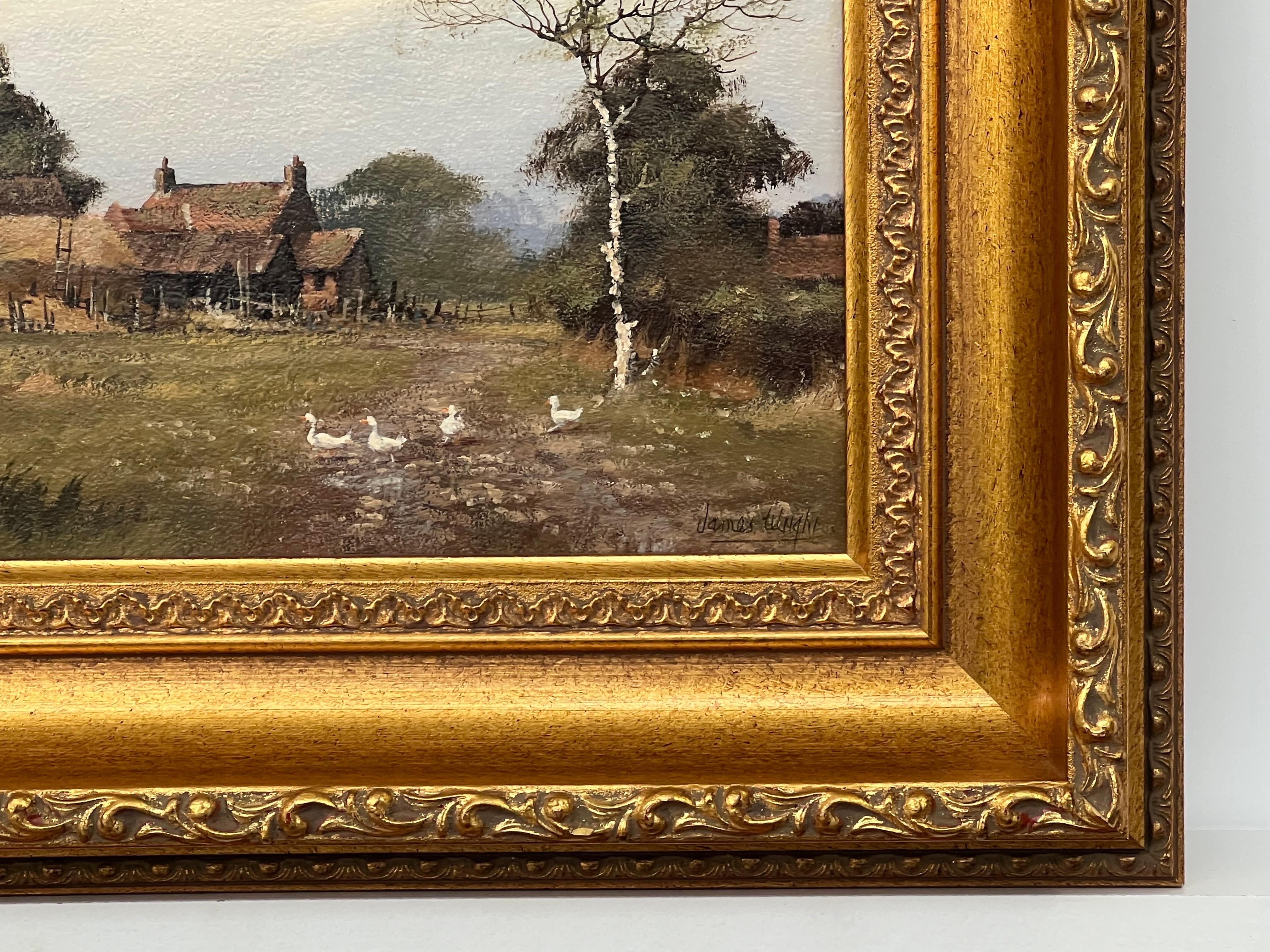 Painting of Farm with Geese in the English Countryside by 20th Century British Artist, James Wright 
Signed, Original, Oil on Canvas, housed in a beautiful ornate gold frame. 
Provenance: Part of the English Heritage Series No.110

Art measures 10 x