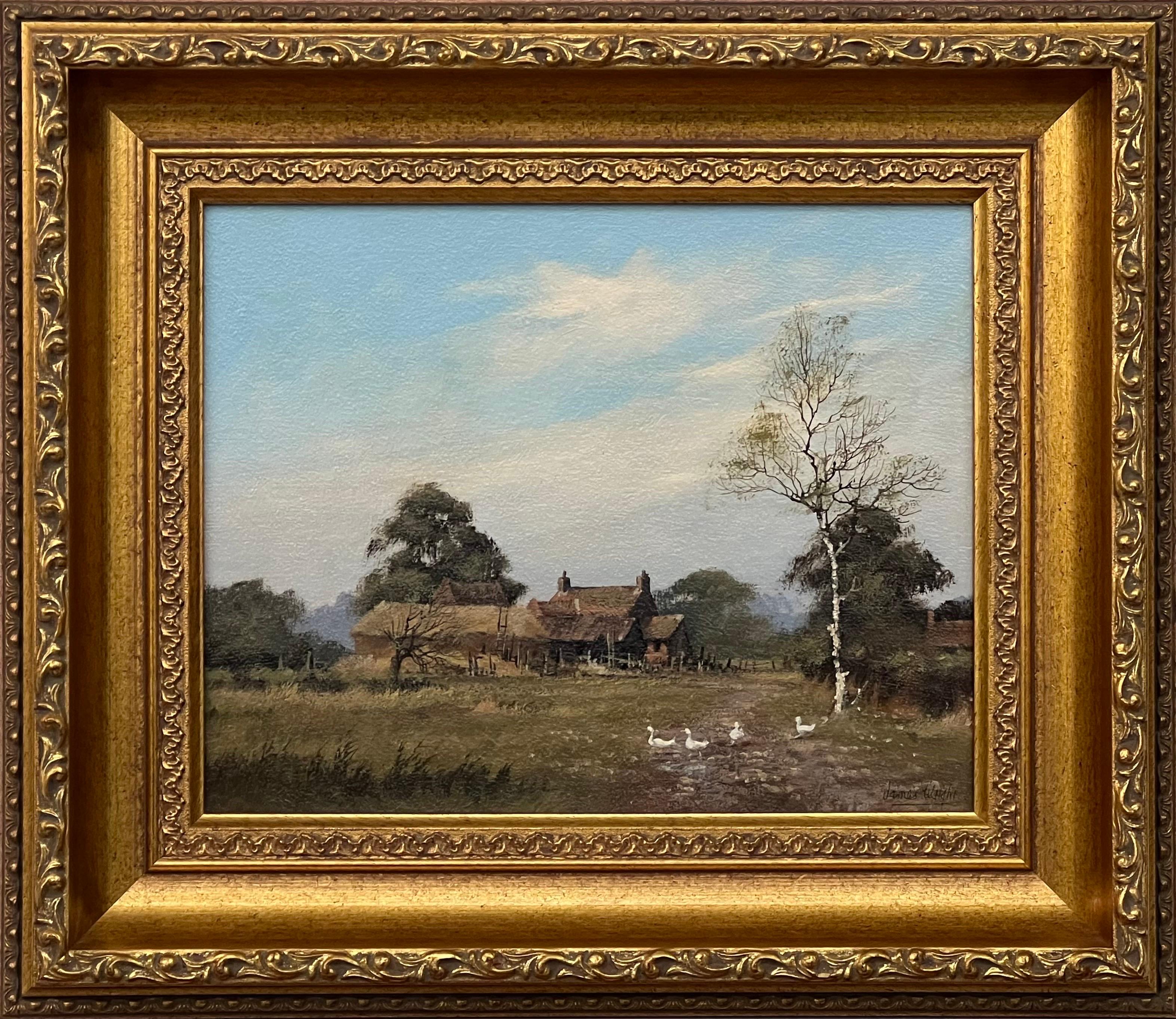 James Wright Figurative Painting - Painting of Farm with Geese in the English Countryside by 20th Century Artist