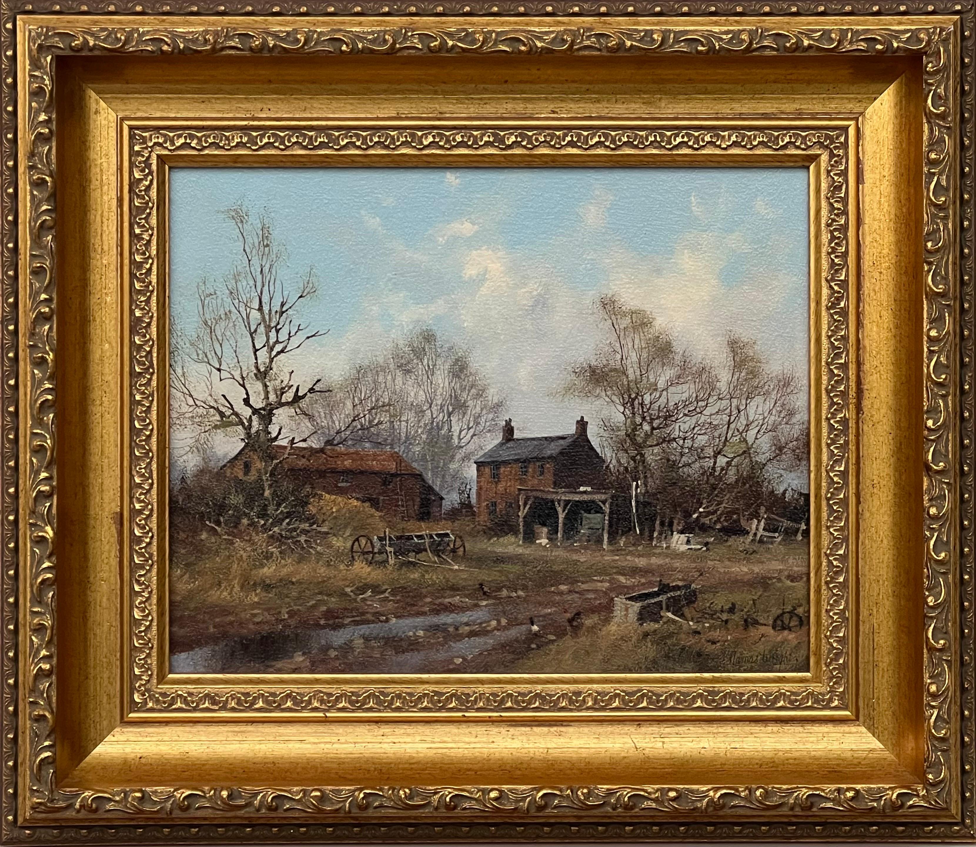 James Wright Landscape Painting – Gemälde eines Bauernhofs mit Gänseblümchen in der englischen Landschaft des 20. Jahrhunderts