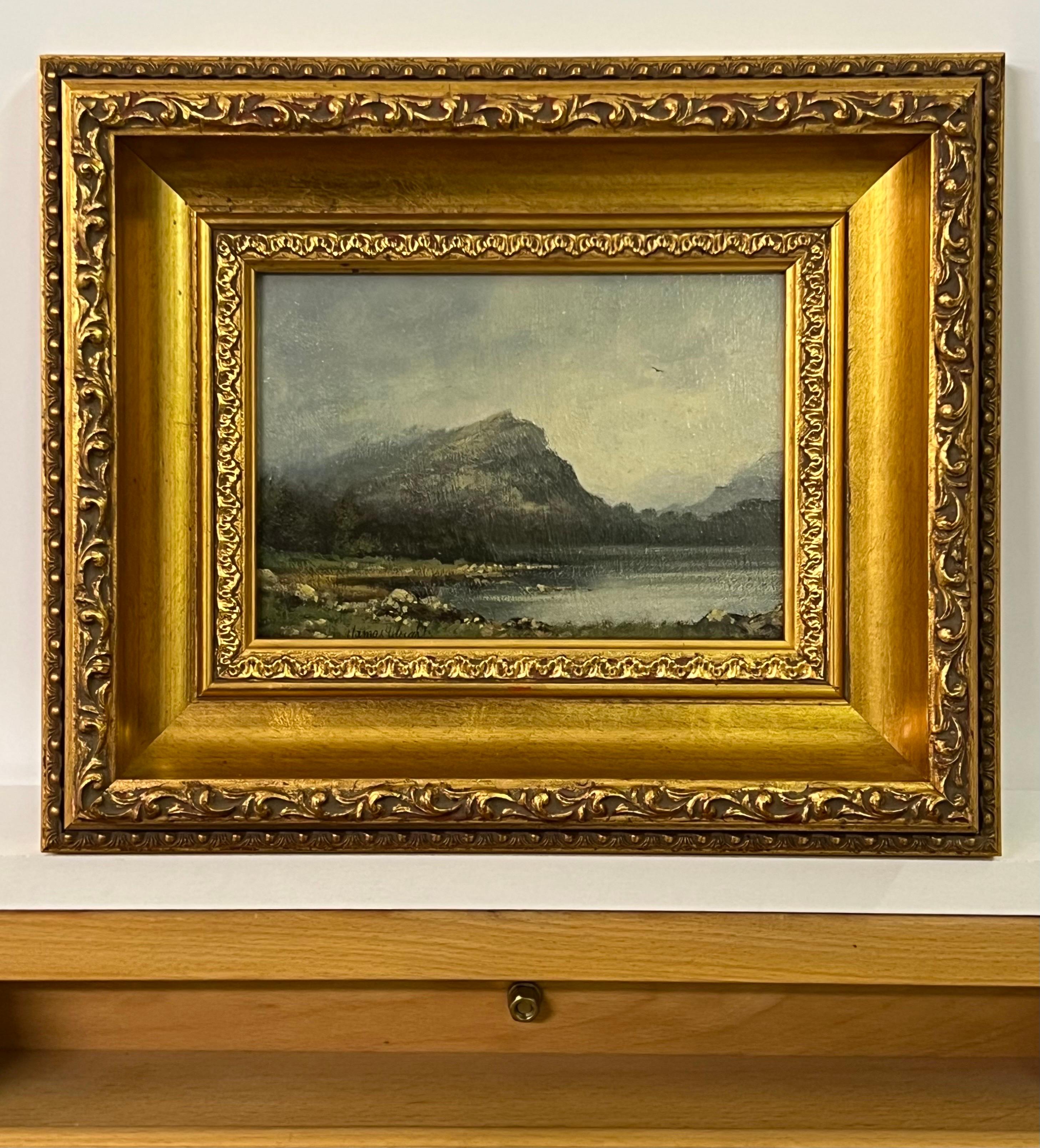Peinture d'un paysage de lac et de montagnes en Angleterre par un artiste britannique du 20e siècle - Romantique Painting par James Wright