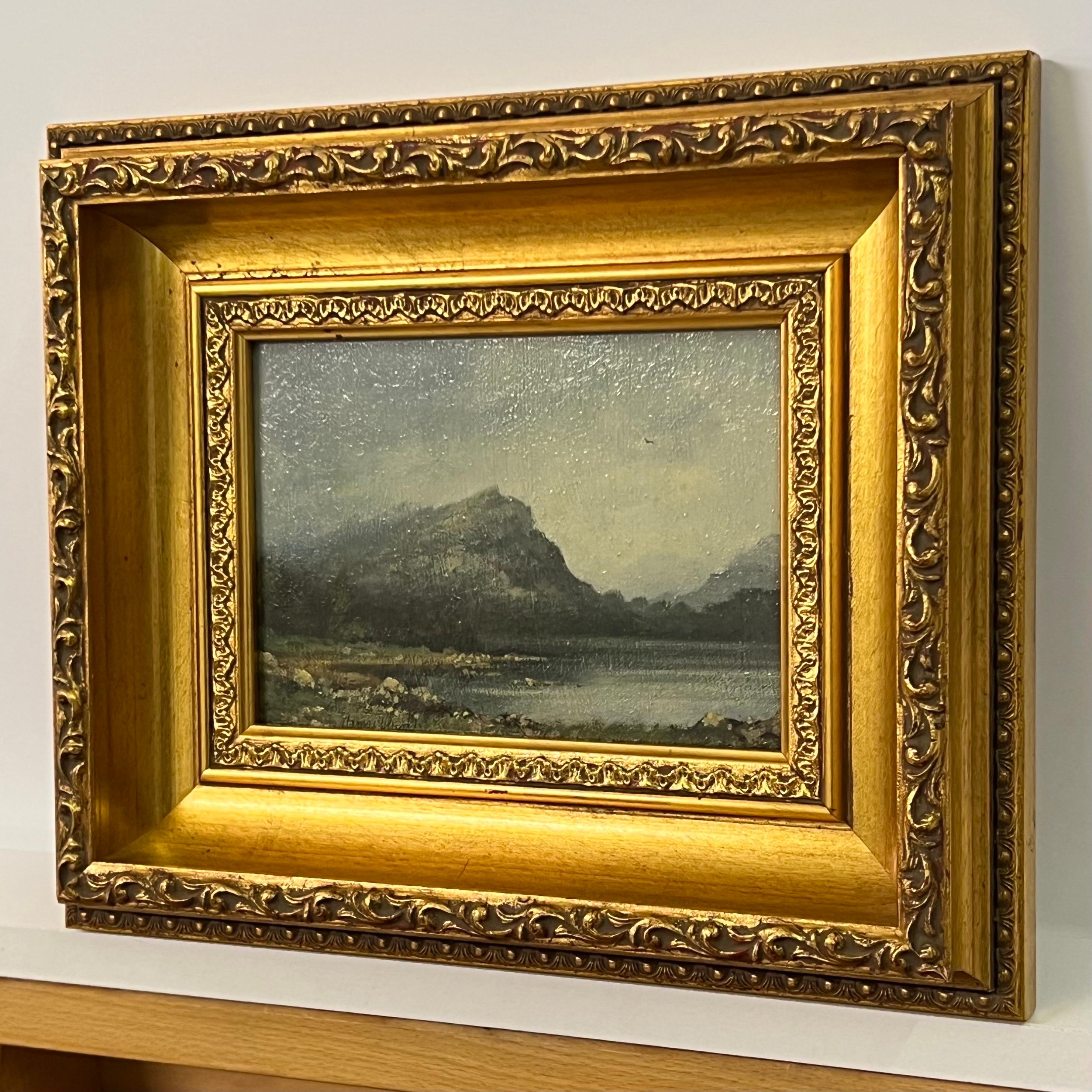 Peinture de lacs et de montagnes en Angleterre par le paysagiste britannique du 20e siècle, James Wright 
Signé, Original, Huile sur Toile, logé dans un beau cadre orné d'or. 
Provenance : Fait partie de la série n° 49 du patrimoine anglais