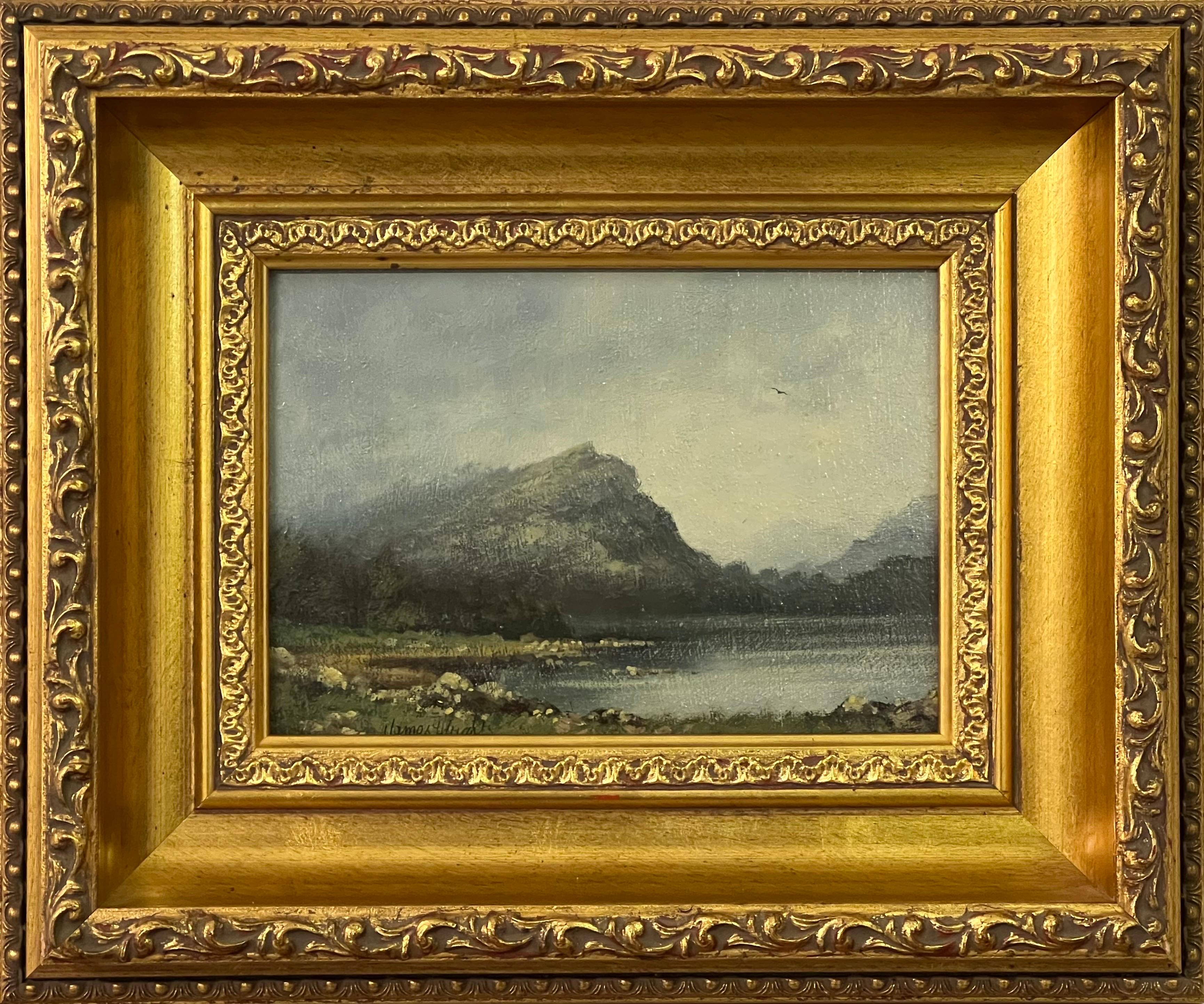 Animal Painting James Wright - Peinture d'un paysage de lac et de montagnes en Angleterre par un artiste britannique du 20e siècle
