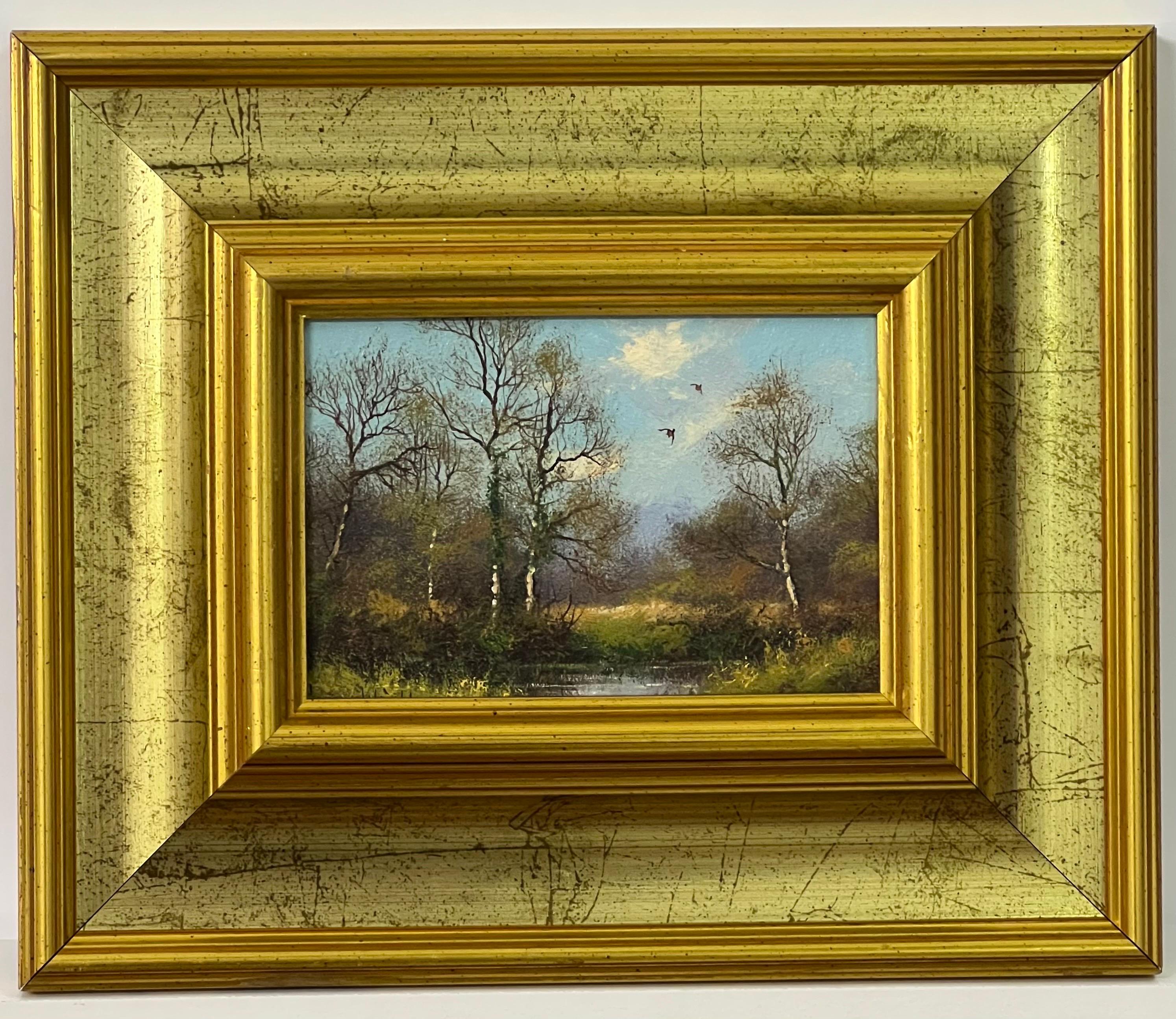 Pintura de lago y árboles en la campiña inglesa por un artista del siglo XX - Painting Romántico de James Wright
