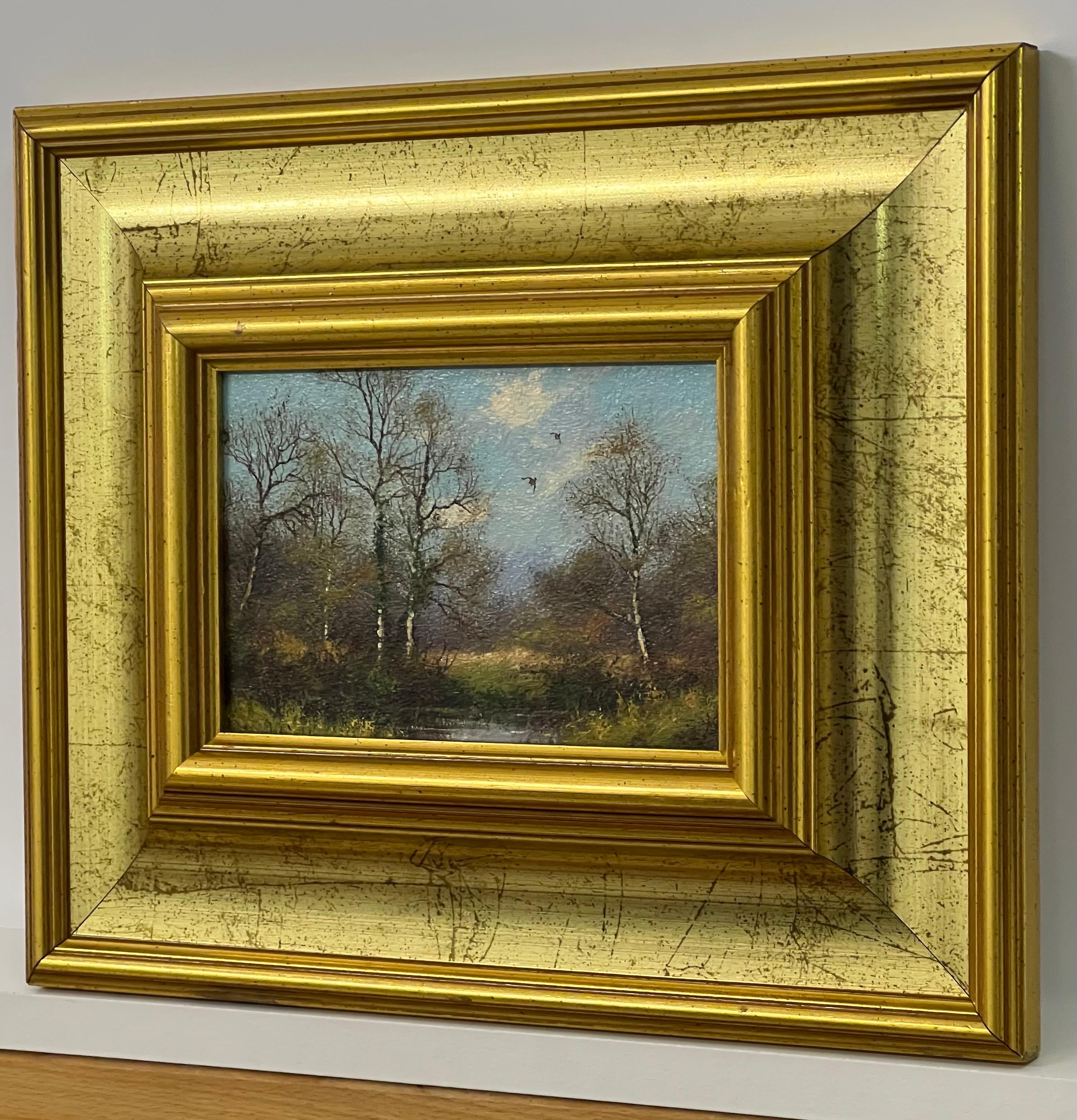 Pintura de lago y árboles en la campiña inglesa por un artista del siglo XX - Animal Painting Marrón de James Wright