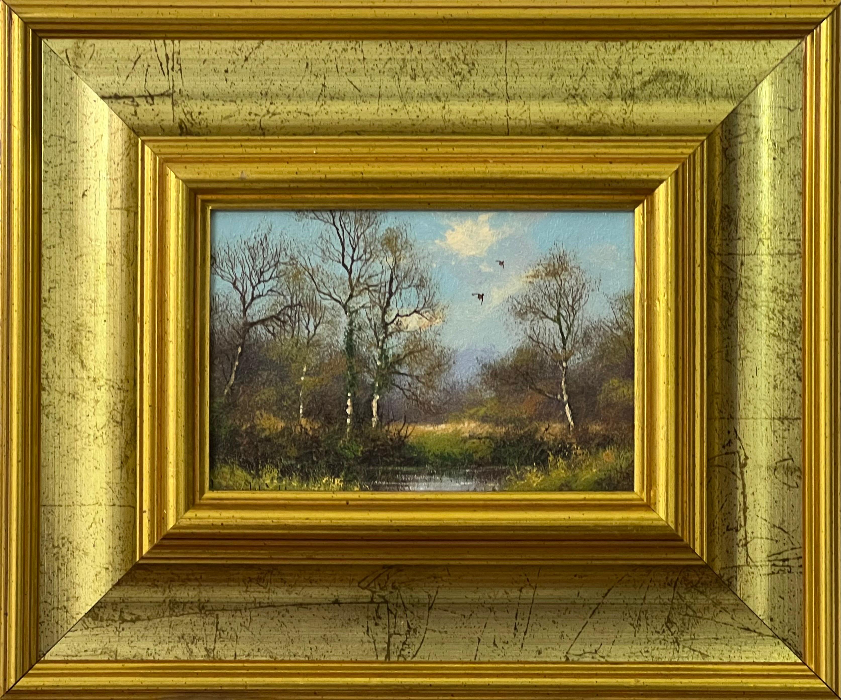 Quadro di lago e alberi nella campagna inglese realizzato da un artista del XX secolo