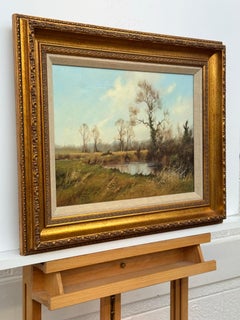 Painting of River Winter Trees in the English Countryside by 20th Century Artist