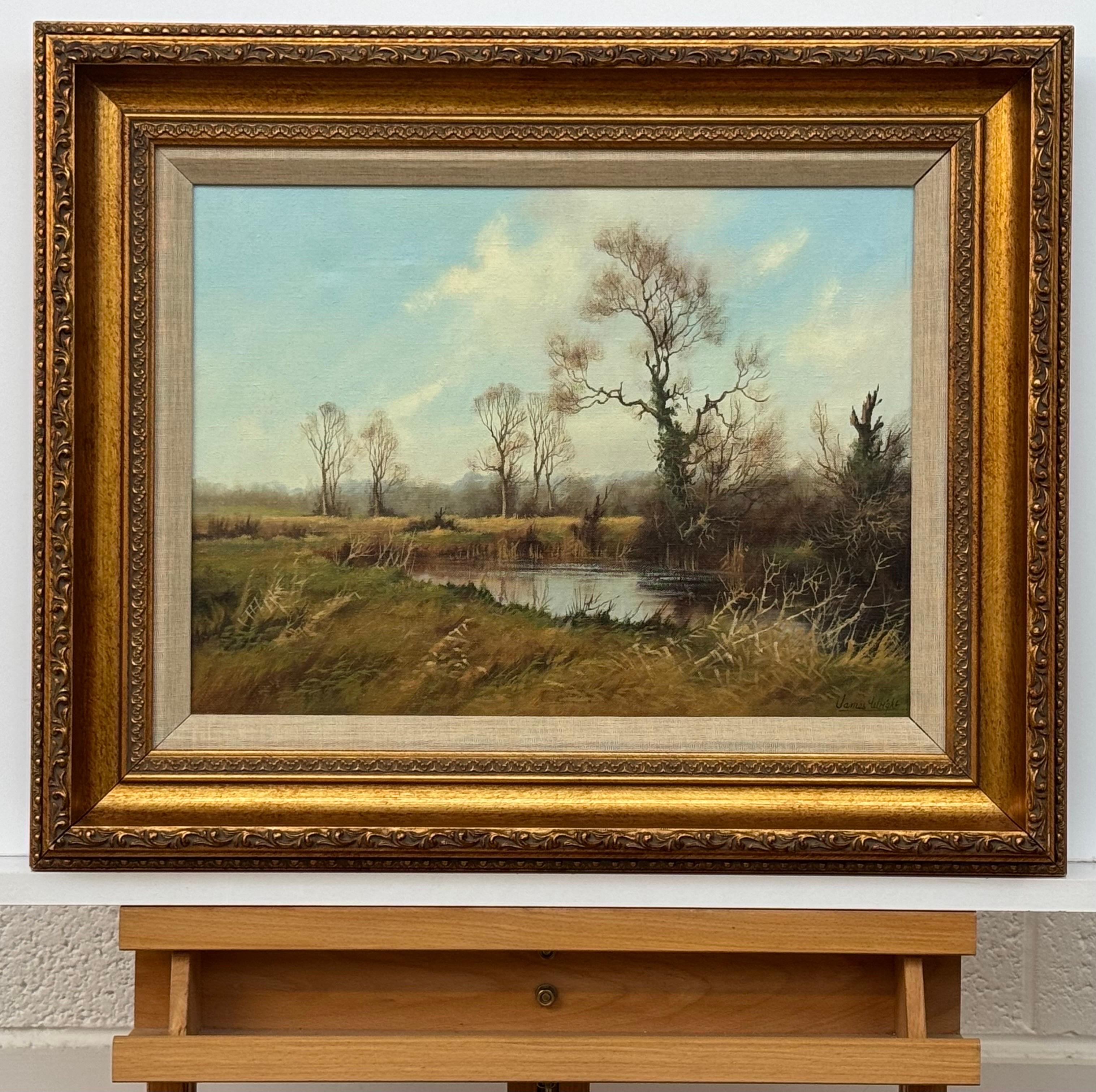 Painting of River with Winter Trees in the English Countryside by 20th Century British Artist, James Wright. Signed, Original, Oil on Canvas, housed in a beautiful ornate gold frame. 

Art measures 16 x 12 inches  
Frame measures 22.5 x 18 inches