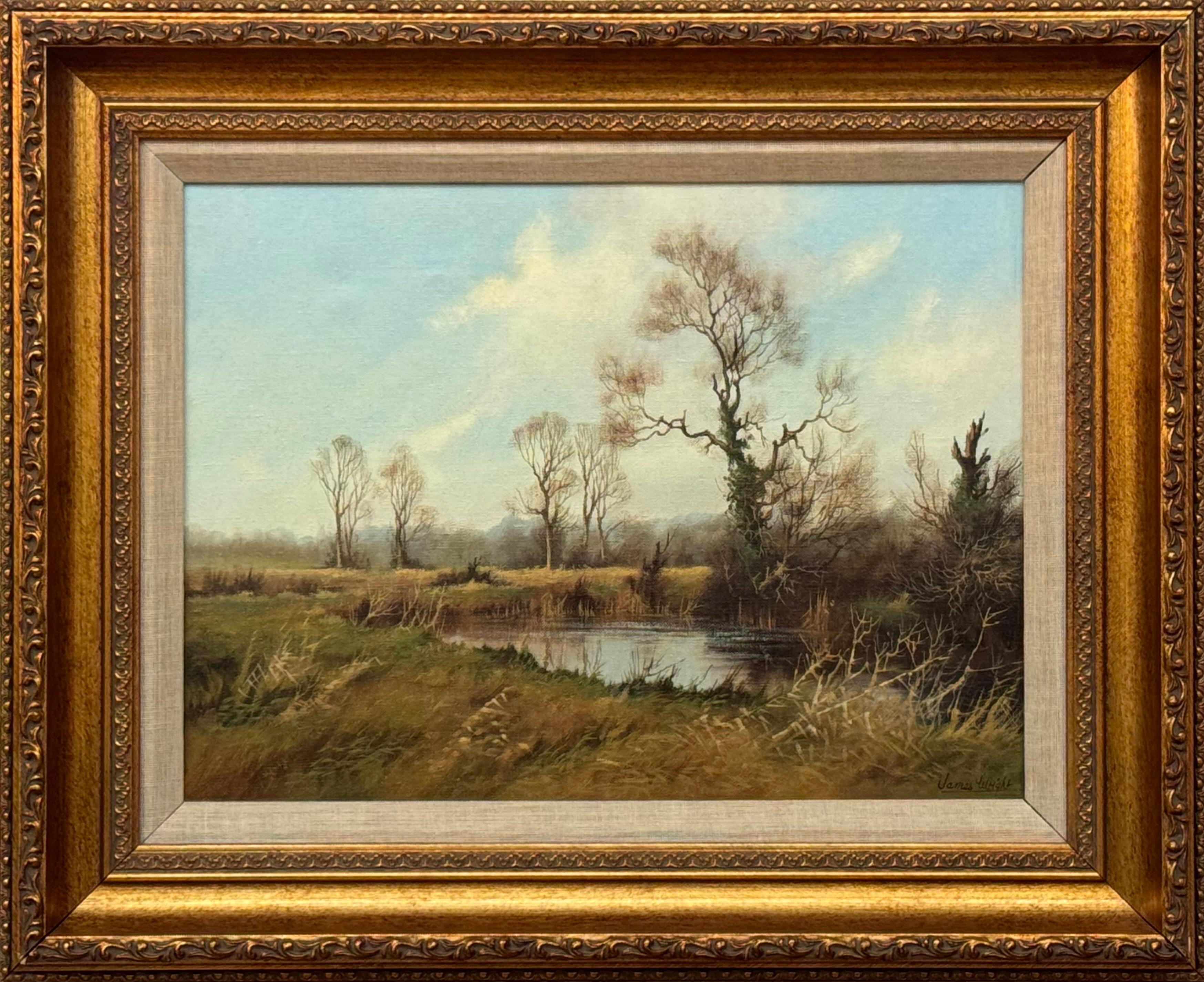 James Wright Figurative Painting - Painting of River Winter Trees in the English Countryside by 20th Century Artist