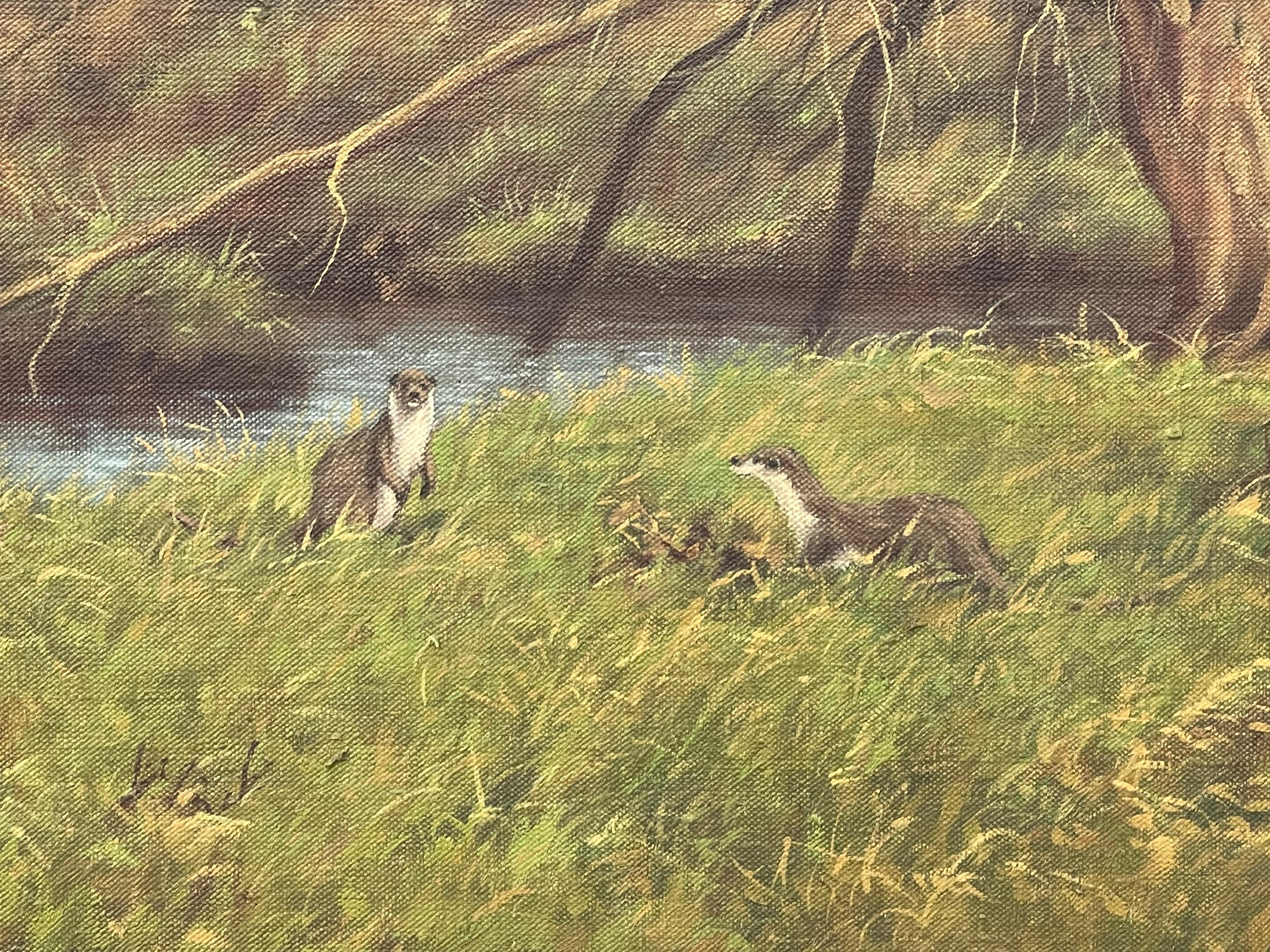 Painting of the English Countryside with River Otters by Modern British Artist For Sale 6