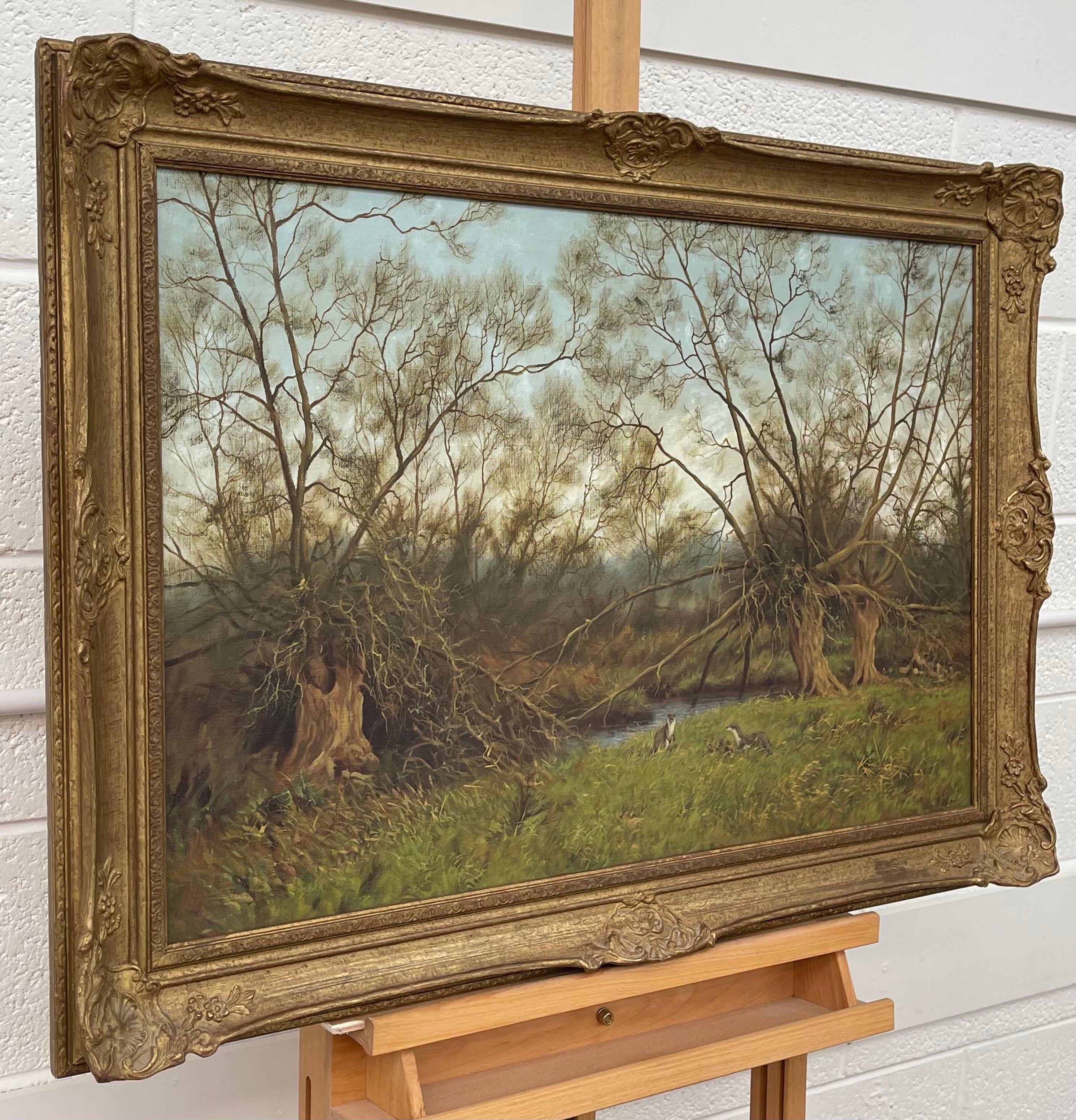 Gemälde der englischen Landschaft mit Flussottern von Modern British artist – Painting von James Wright