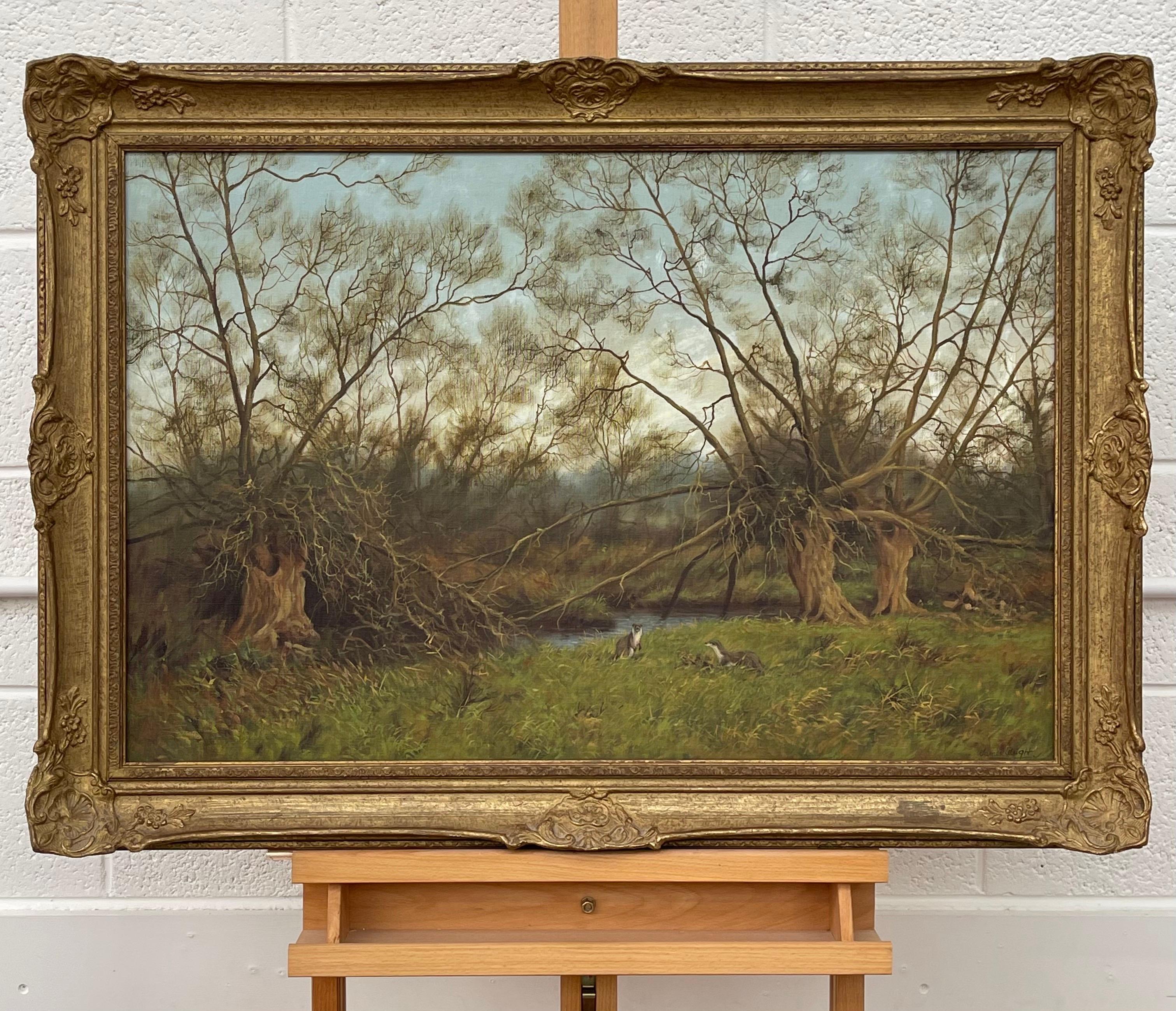 Gemälde der englischen Landschaft mit Flussottern von Modern British artist (Realismus), Painting, von James Wright