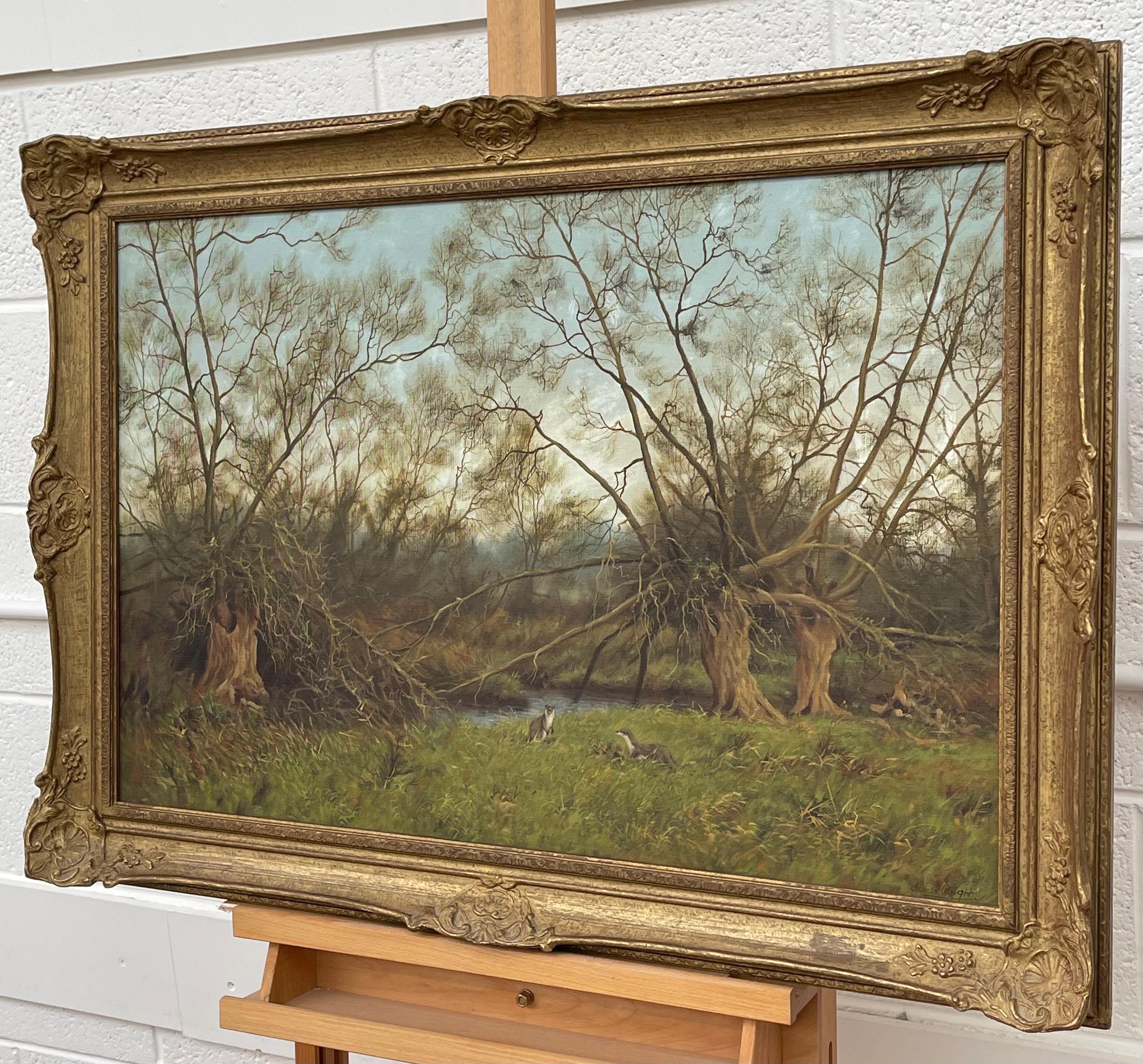 Gemälde der englischen Landschaft mit Flussottern von Modern British artist (Braun), Landscape Painting, von James Wright
