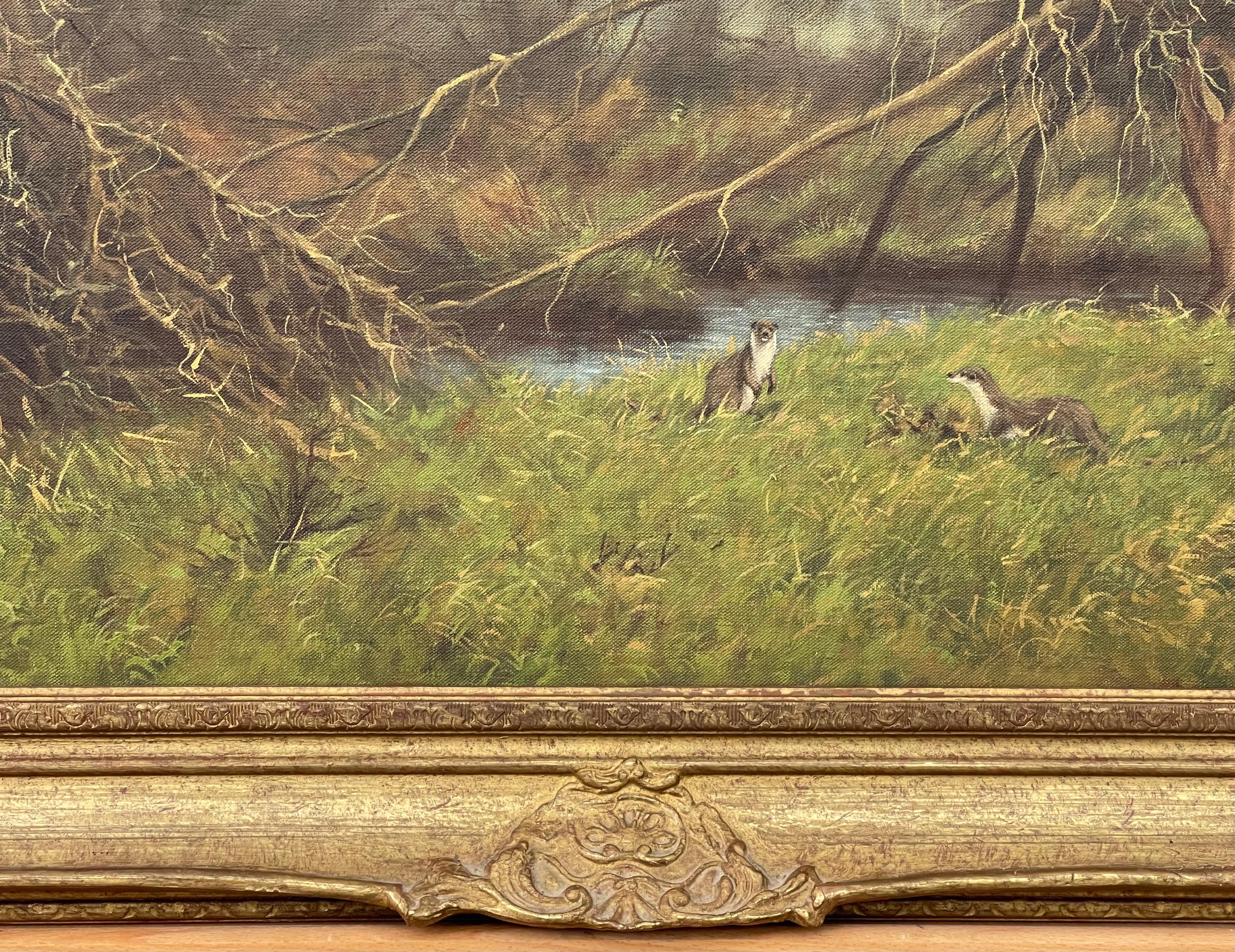 Painting of the English Countryside with River Otters by Modern British Artist For Sale 1