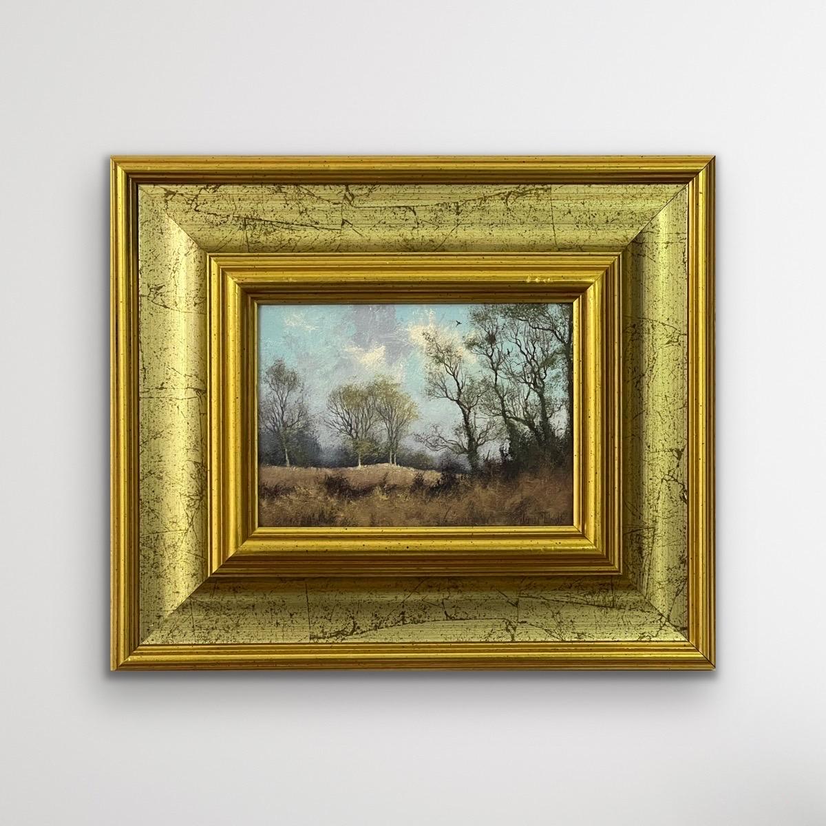 Landscape Oil Painting of Trees in the English Countryside by 20th Century Artist Countryside by 20th Century British Artist, James Wright 
Signed, Original, Oil on Canvas, housed in a beautiful ornate gold frame. 

Art measures 7 x 5 inches