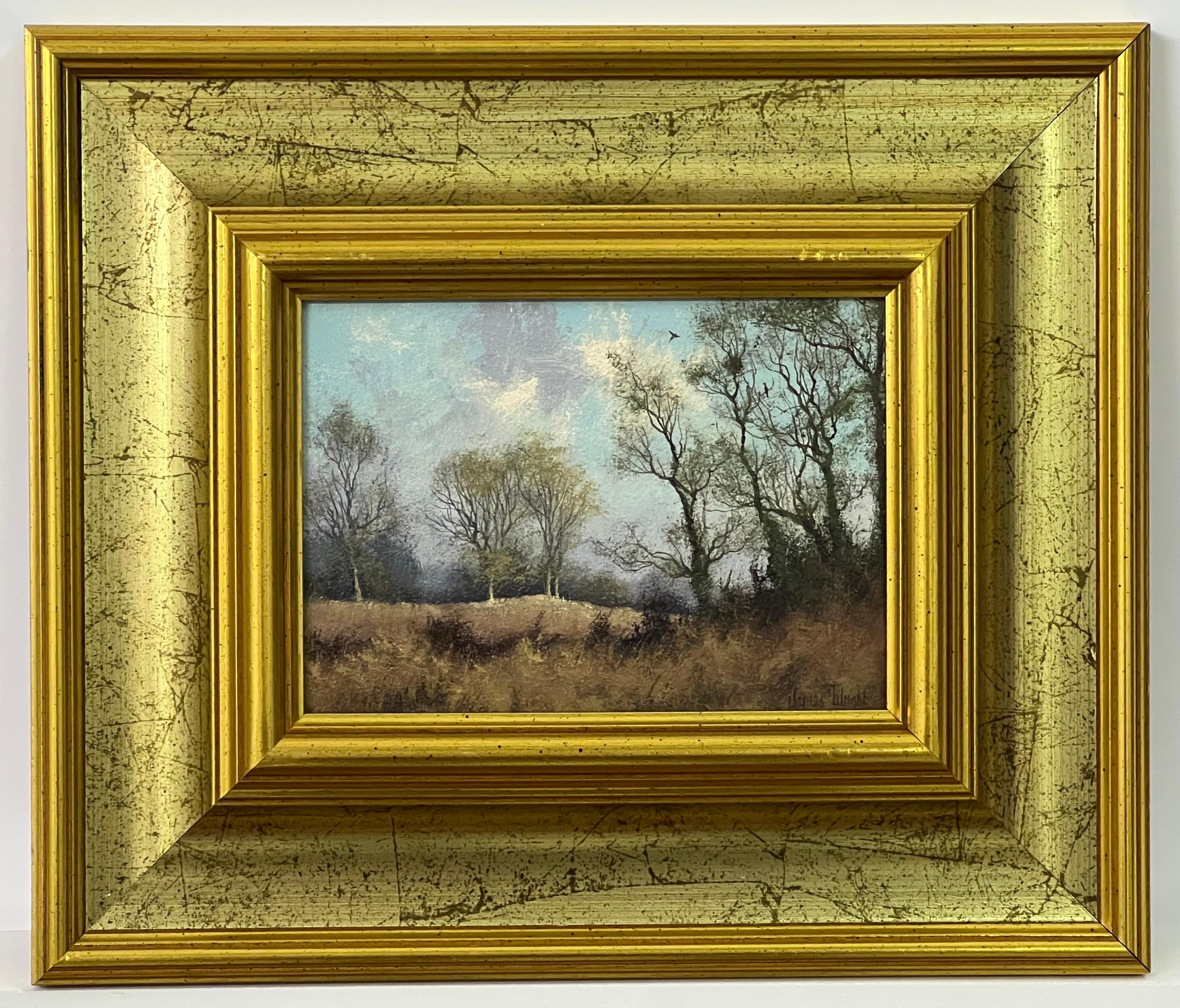 Landschaft Ölgemälde von Bäumen in der englischen Landschaft von 20. Jahrhundert Künstler Landschaft von 20. Jahrhundert britischen Künstler, James Wright 
Signiert, Original, Öl auf Leinwand, in einem schönen verschnörkelten Goldrahmen