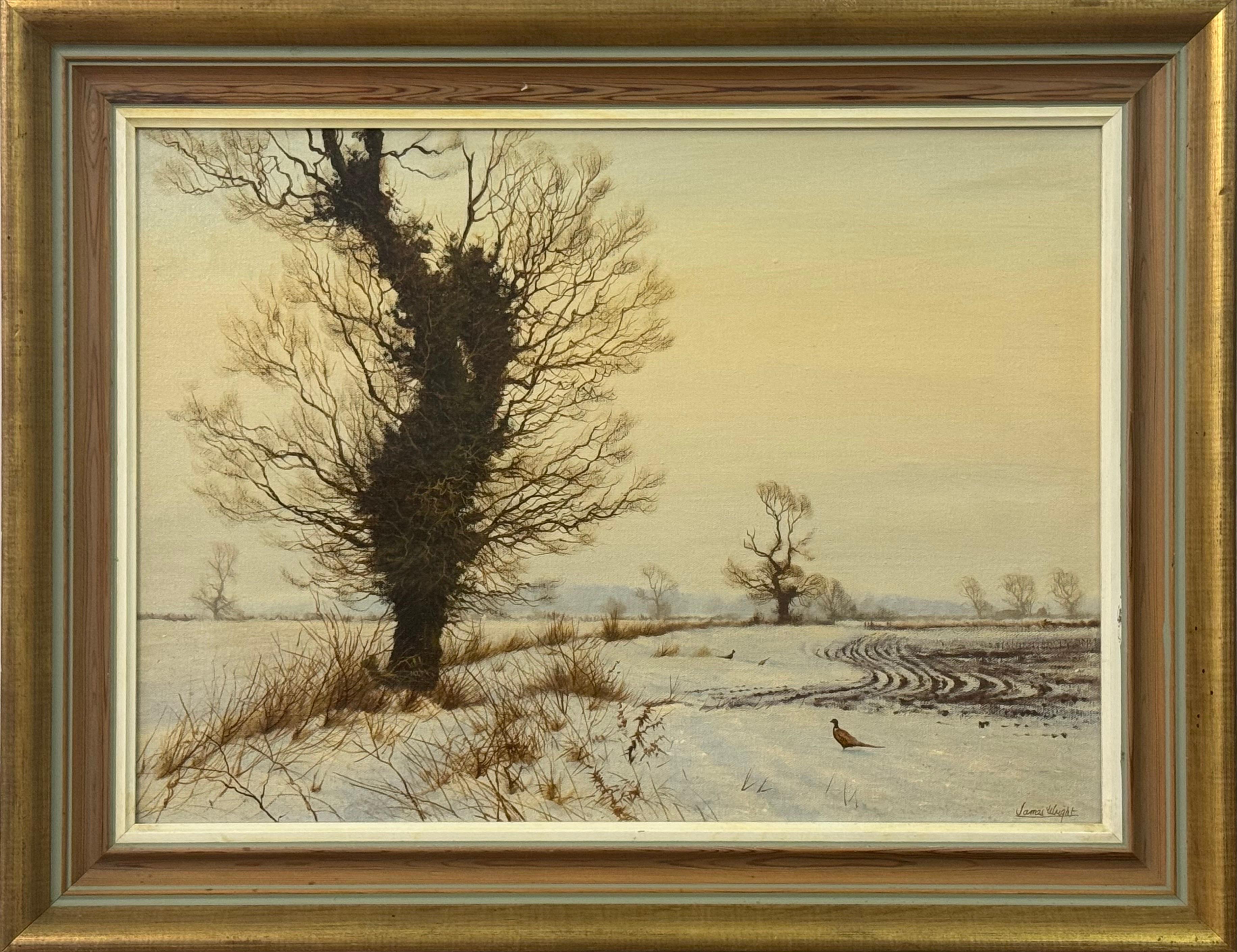 James Wright Landscape Painting - Pheasants in Snow with Winter Trees in the English Countryside by British Artist