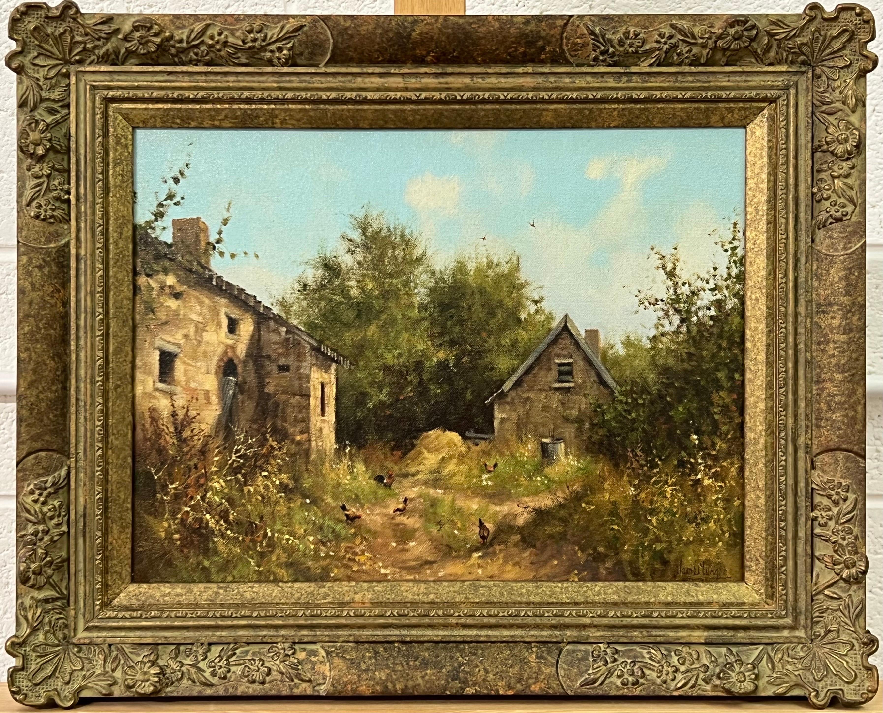 Scena di fattoria rurale con galline nella campagna inglese di un artista del XX secolo in vendita 4