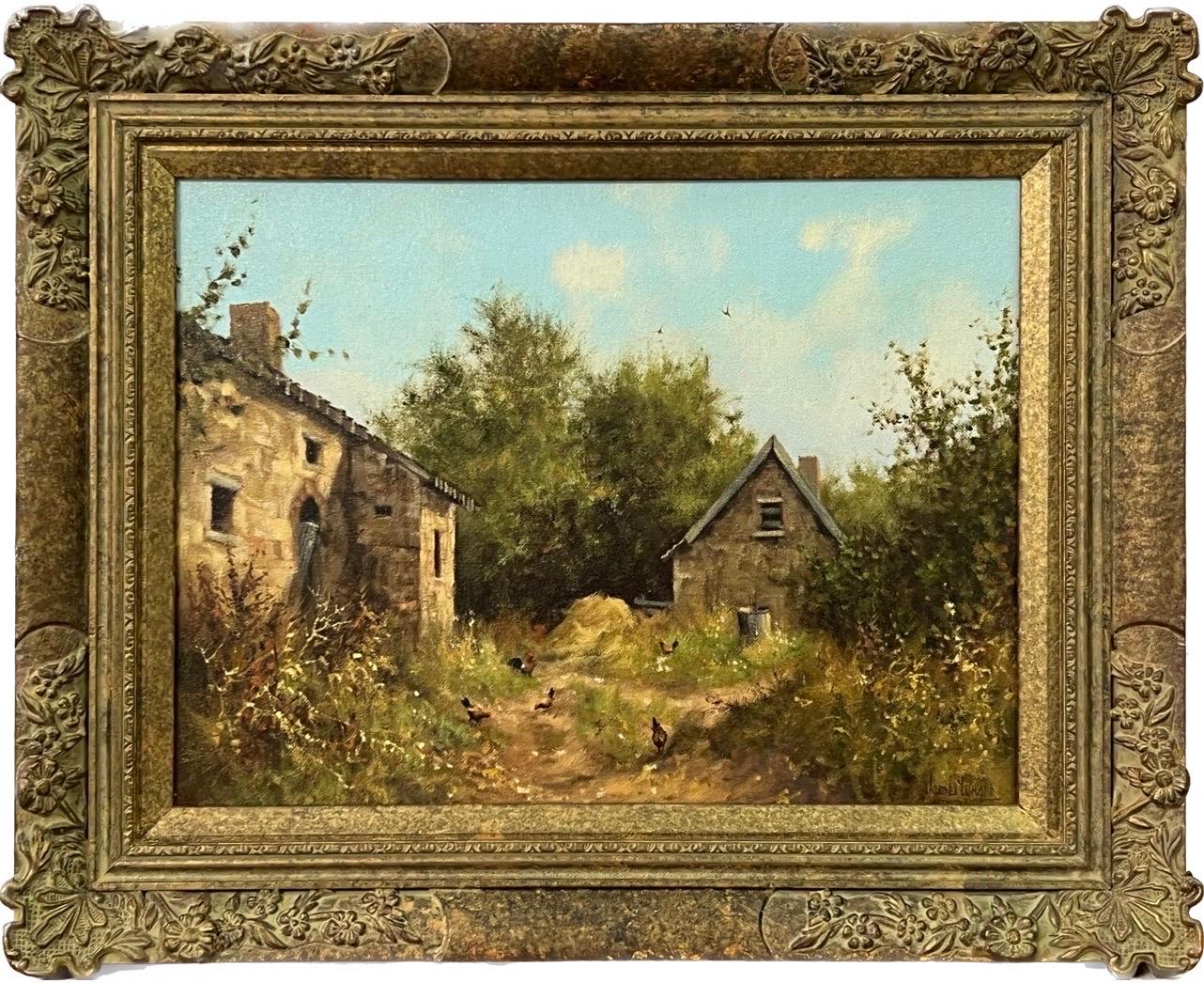 Animal Painting di James Wright - Scena di fattoria rurale con galline nella campagna inglese di un artista del XX secolo
