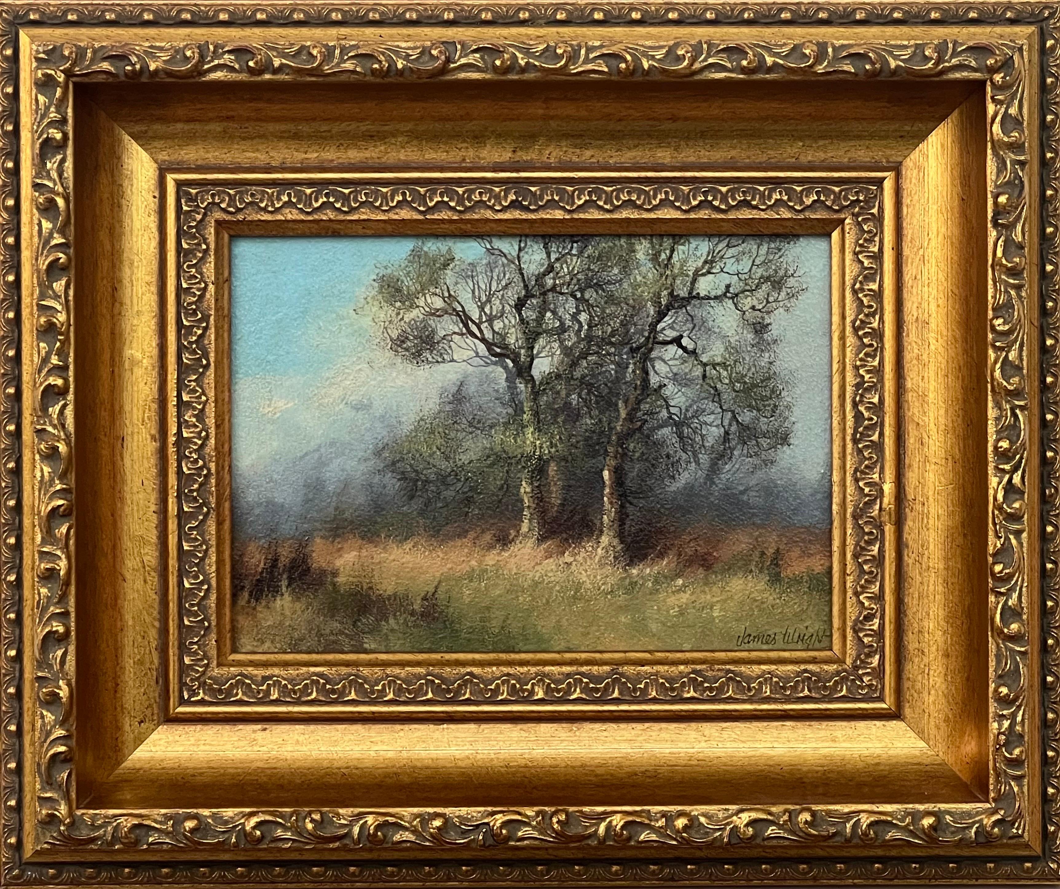 Landscape Painting James Wright - Étude des arbres et des champs dans la campagne anglaise par un artiste paysagiste du 20e siècle
