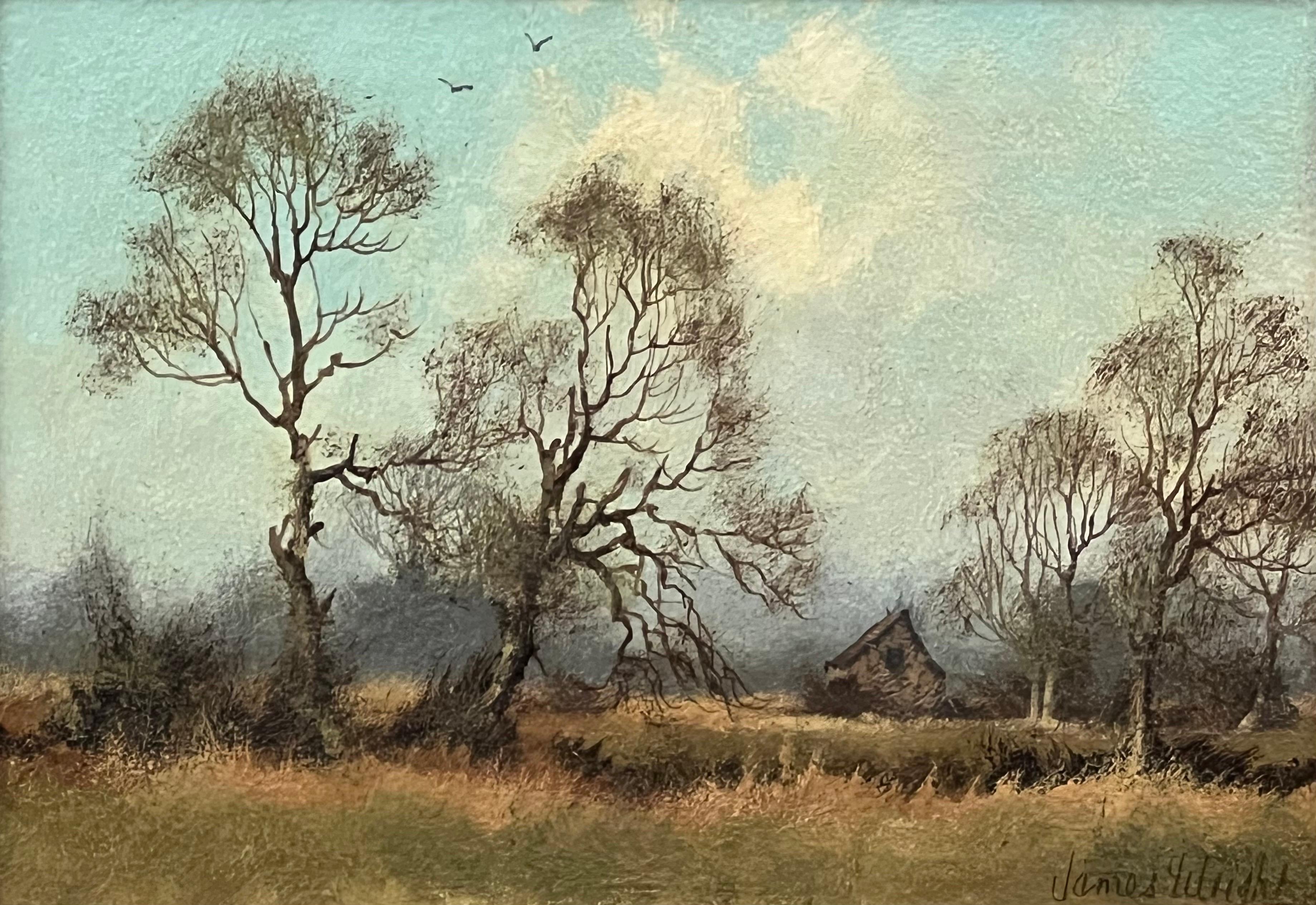 Trees & Cottage in the English Countryside par 20th Century Landscape Artist - Painting de James Wright