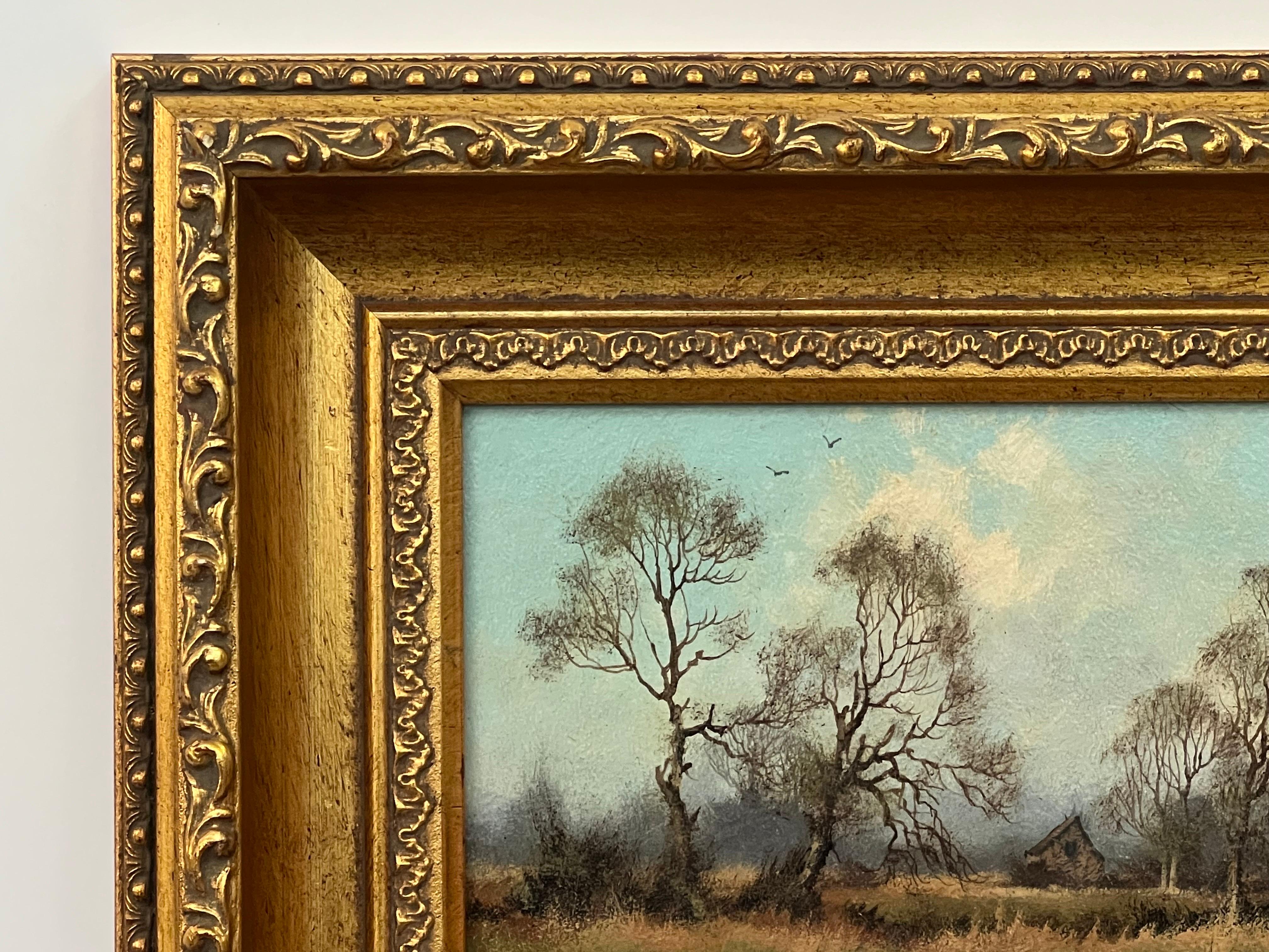 Trees & Cottage in the English Countryside by 20th Century British Landscape Artist, James Wright

Signed, Original, Oil on Canvas, housed in a beautiful ornate gold frame.
Provenance: Part of the English Heritage Series No.428

Art measures 7 x 5