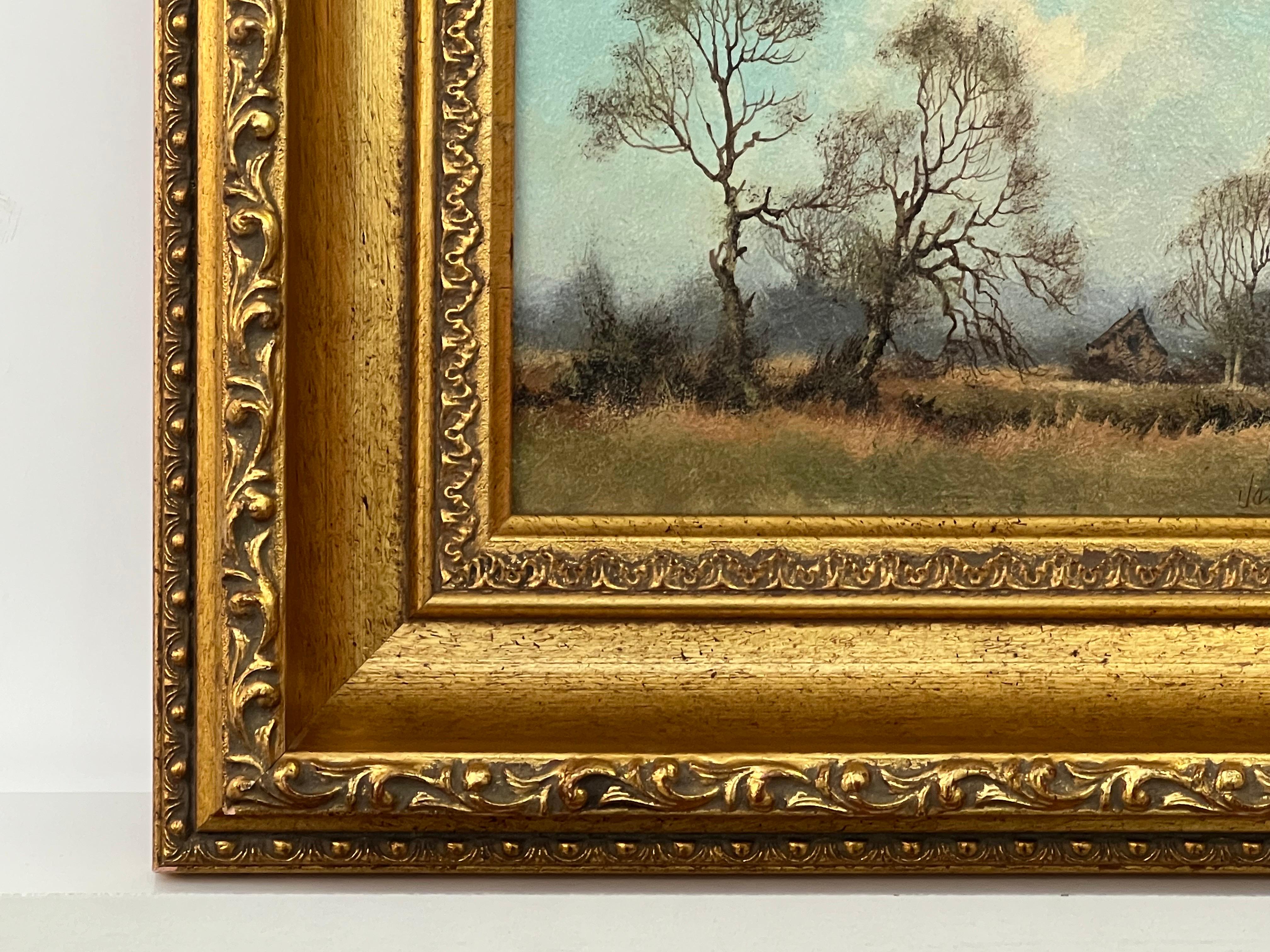 Trees & Cottage in the English Countryside by 20th Century British Landscape Artist, James Wright

Signed, Original, Oil on Canvas, housed in a beautiful ornate gold frame.
Provenance: Part of the English Heritage Series No.428

Art measures 7 x 5