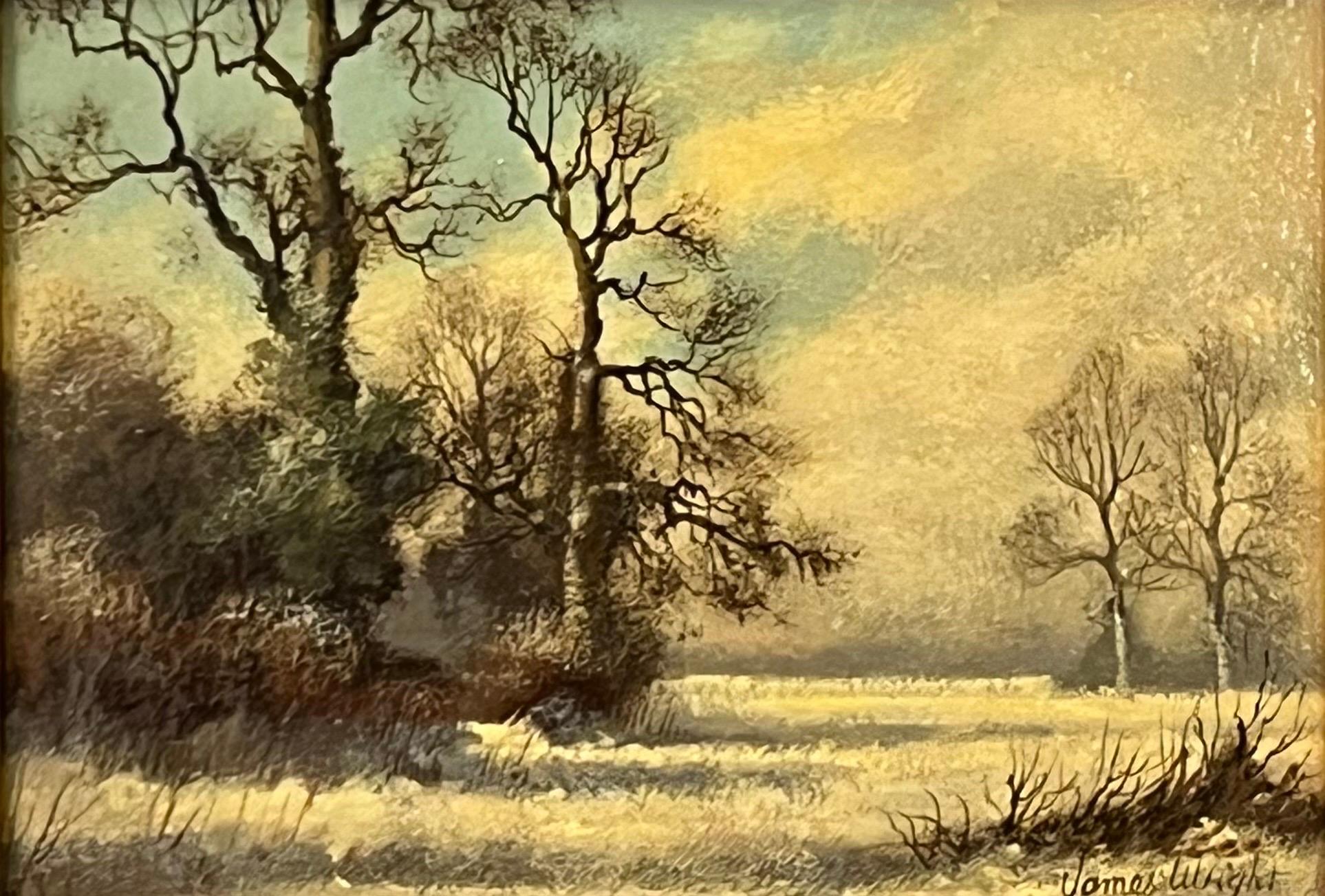 Rural Winter Landscape Scene with Snow & Winter Trees in the English Countryside by 20th Century British Artist, James Wright 
Signed, Original, Oil on Canvas, housed in a beautiful ornate gold frame. 
Provenance: Part of the English Heritage Series
