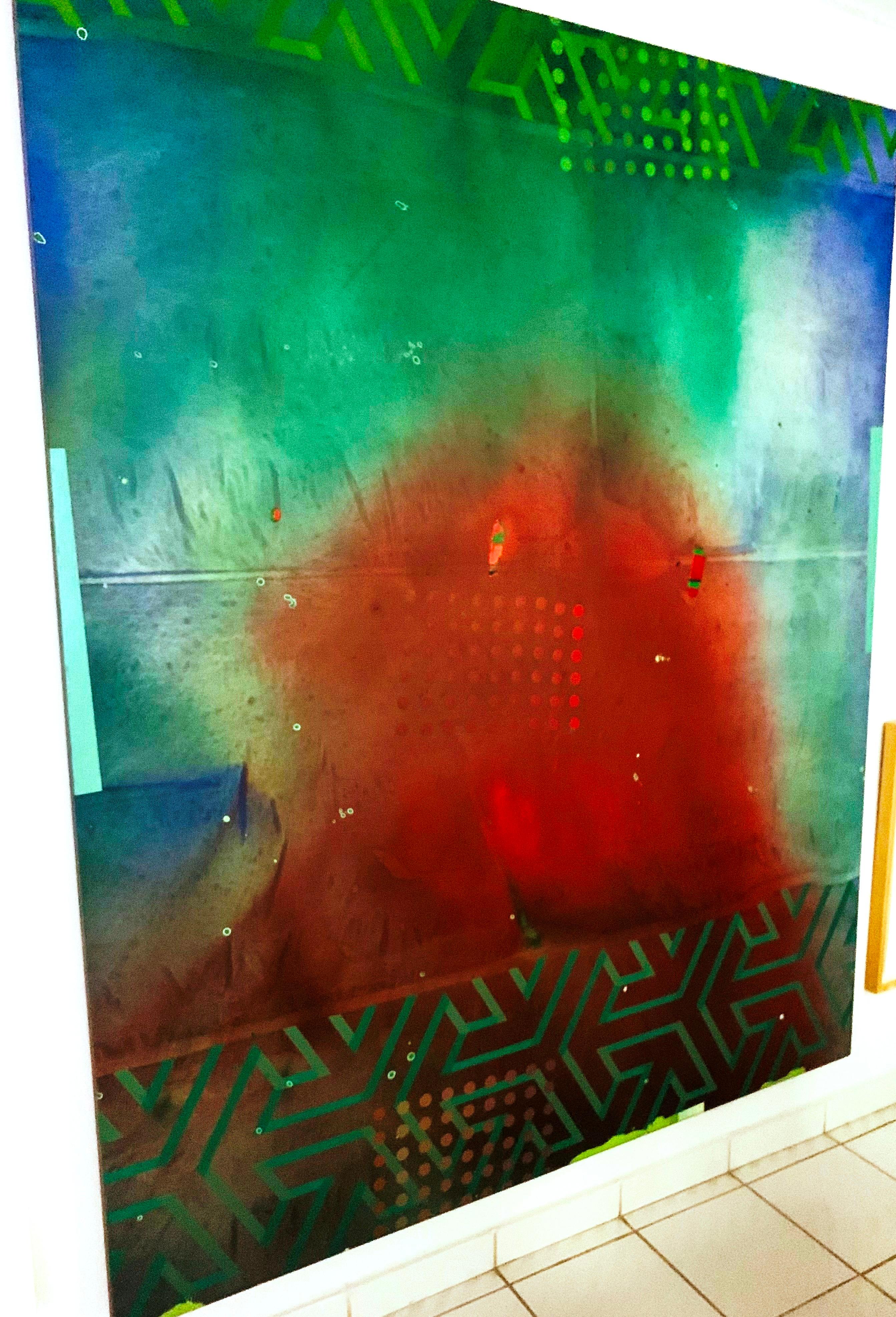 New Space Arabia 1979 Colossal Abstract Red Blue Green Museum Canvas James Yohe For Sale 6