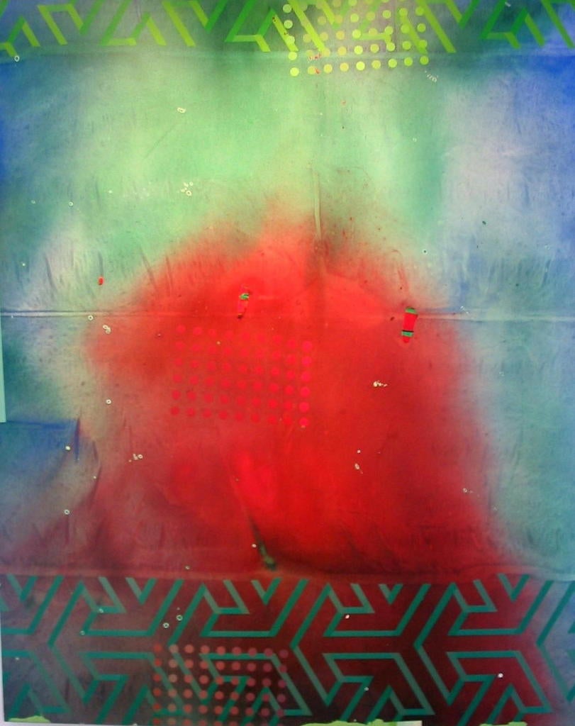 James Yohe painted this large scale red and deep hues of blue and green  powerful and beautiful original work on canvas in 1979. This early work by this famous artist of the 1980's abstract expressionism movement is monumental in size and very