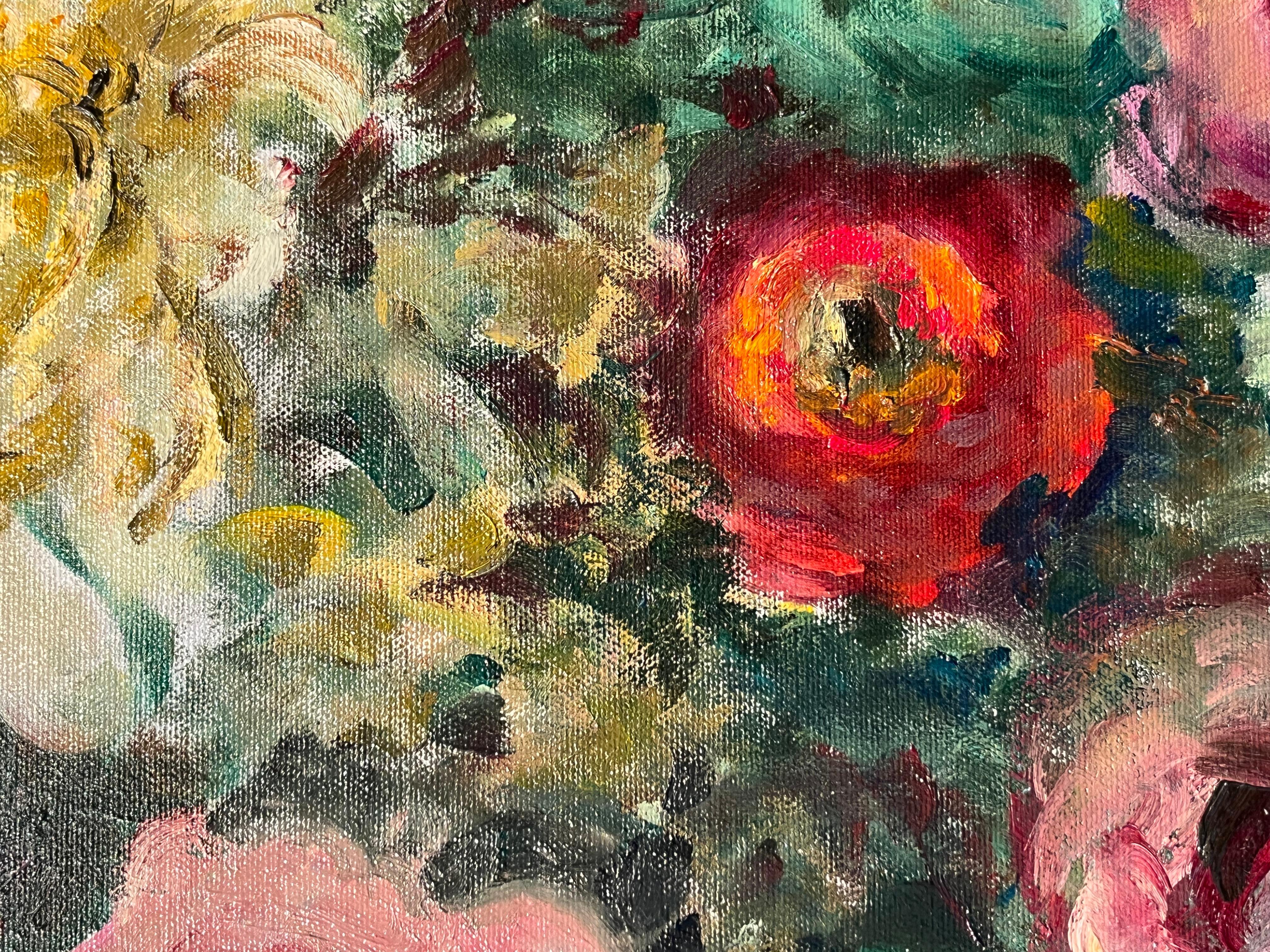Fall Arrangement -original impressionism still life floral oil painting-Art - Gray Still-Life Painting by James Zamora