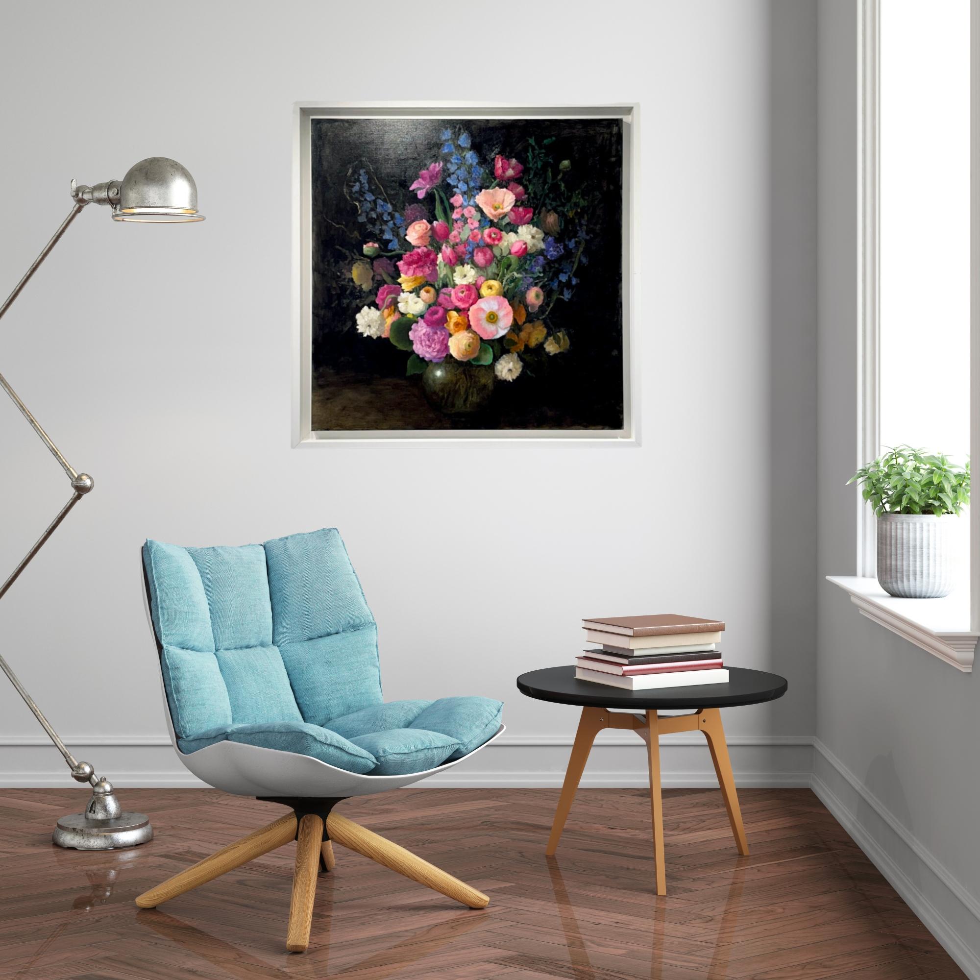 Composizione floreale in vaso d'oro-Pittura originale impressionista di natura morta-Arte - Still-Life Painting Nero di James Zamora